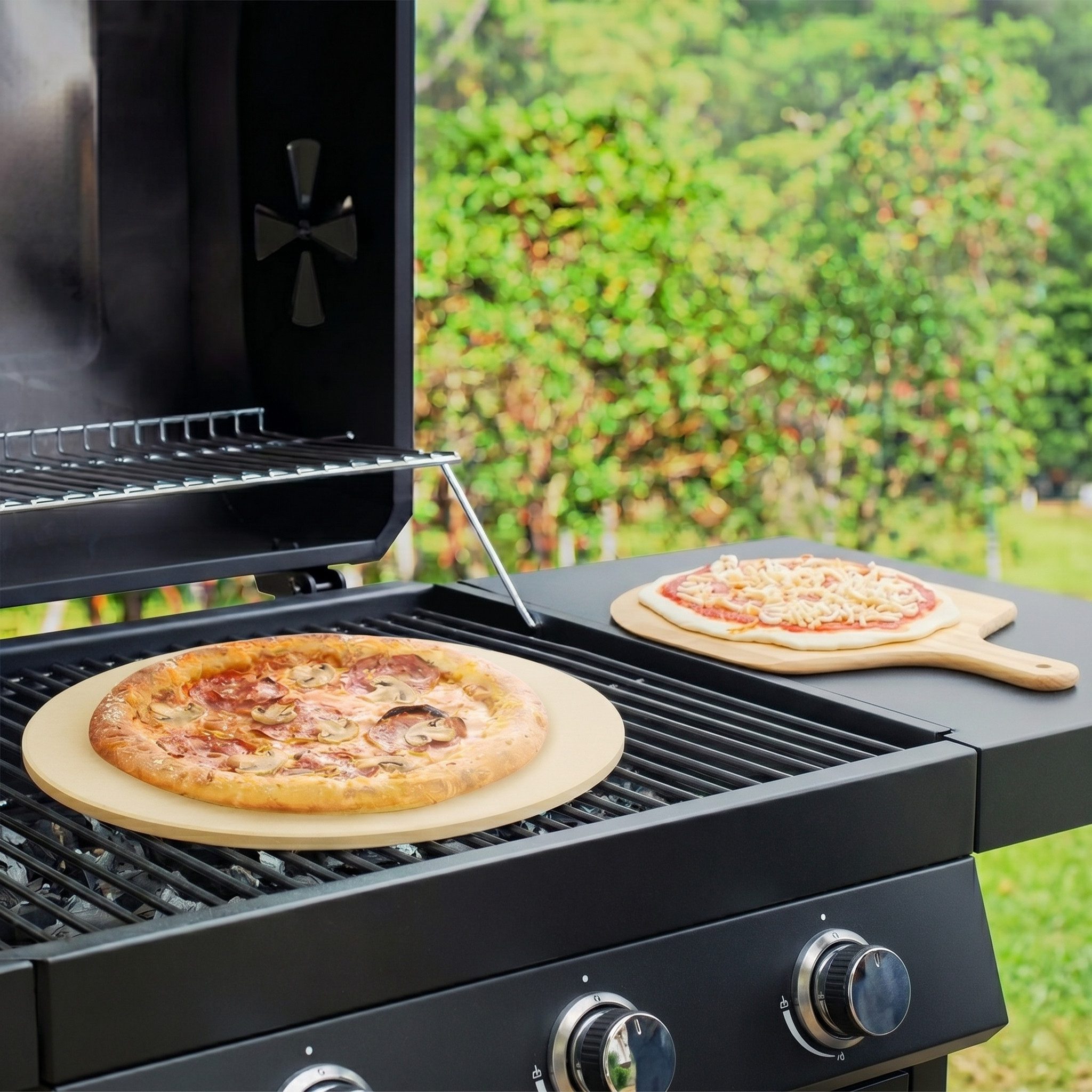 Dimono Pizzastein Backstein, (Premium Set: Pizzastein + Pizzaschieber + Wiegemesser, 1-St), Cordierit Pizzaofen