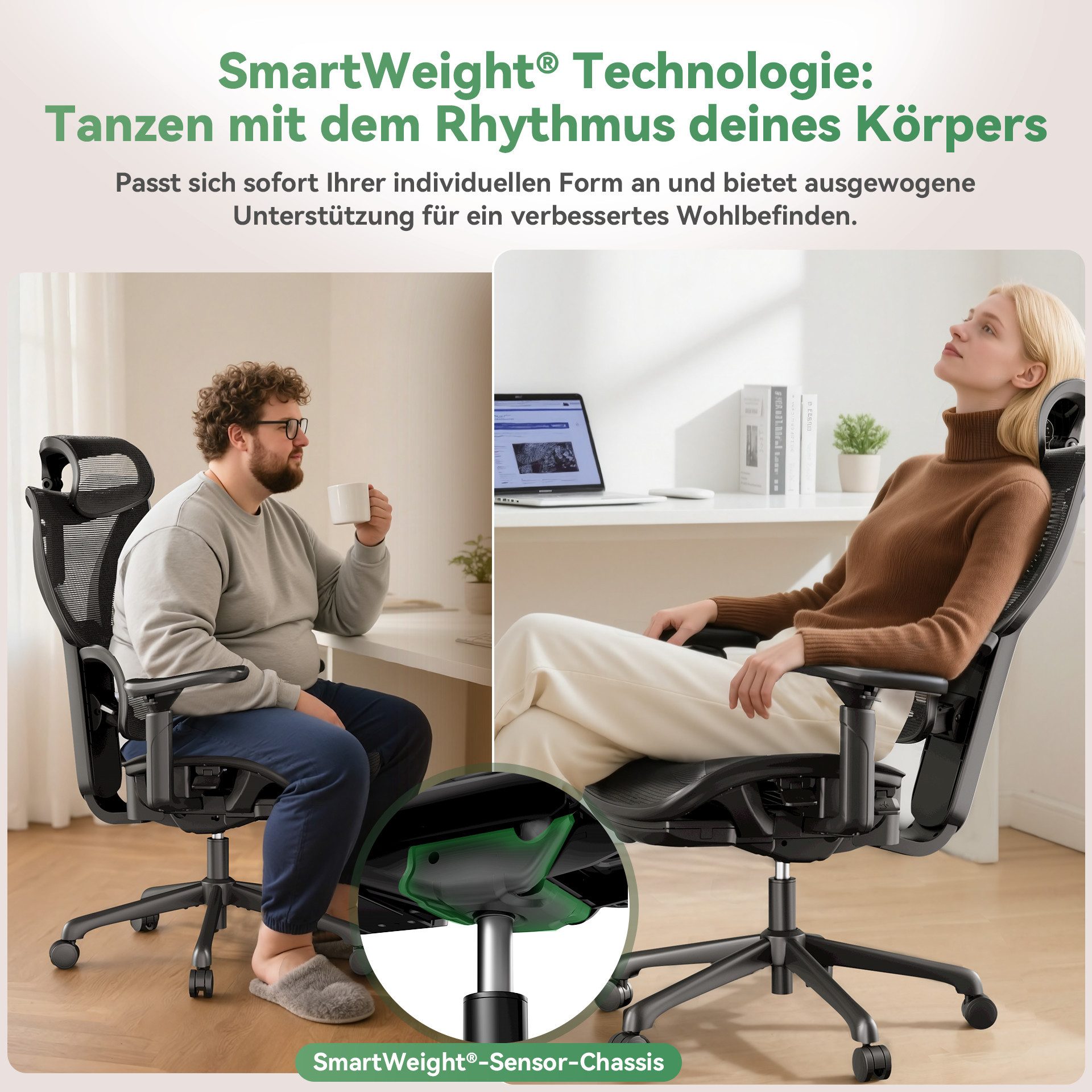 ACGAM Bürostuhl Ergonomisch Schreibtischstuhl, Büro Stuhl & Gaming Stuhl, 150 kg (unabhängige Rückenlehnenverstellung, Sitztiefenverstellung, 3D-Armlehnen, eine 2D-verstellbare Kopfstütze und ein innovativer gewichtsabhängiger Kippmechanismus), SmartWeight®Technologie, 3D Adaptive Lendenwirbelstütze