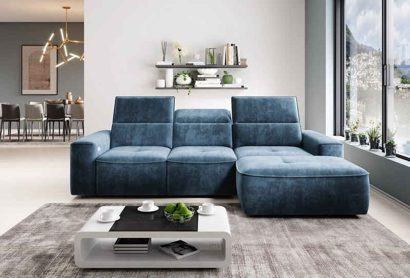 Sofa Dreams Ecksofa Cosmo L Form Mini blau, Bettkasten, verstellbare kopfstützen, elektrisch verstellbare Sitze