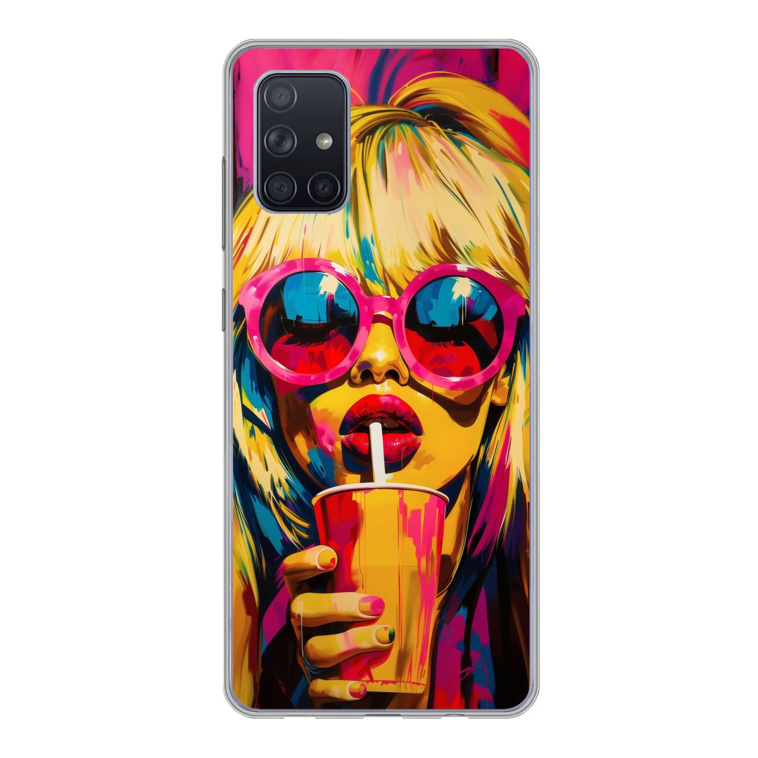 MuchoWow Handyhülle für Samsung Galaxy A51 Sonnenbrille - Rosa - Frau - Stroh, Smartphone-Bumper, Print, Handy Schutzhülle Dünn