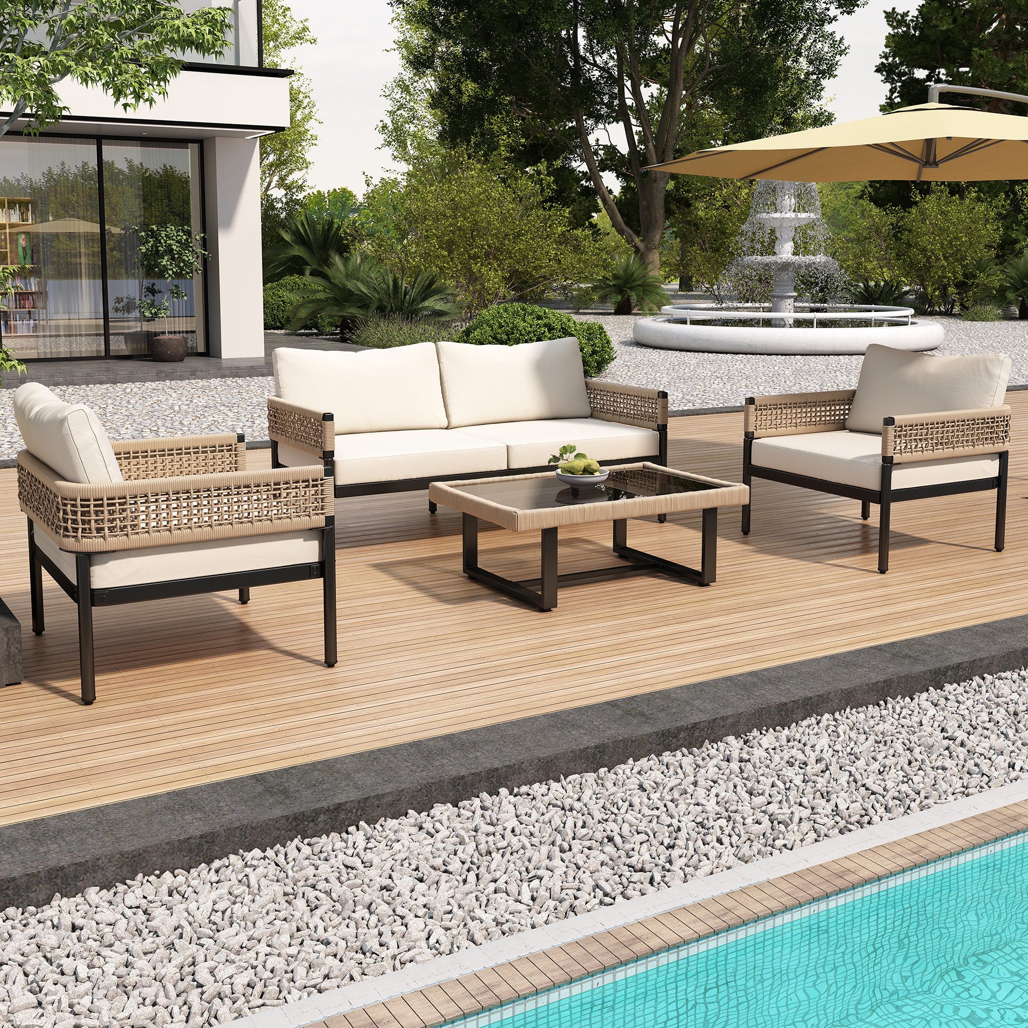 Merax Gartenlounge-Set für 4 Personen mit Eisenrahmen, (4-tlg., 1 2-Sitzer, 2 Sessel, 1 Couchtisch), Gartenmöbel Set, Rope Lounge, Balkonset, Sitzgruppe