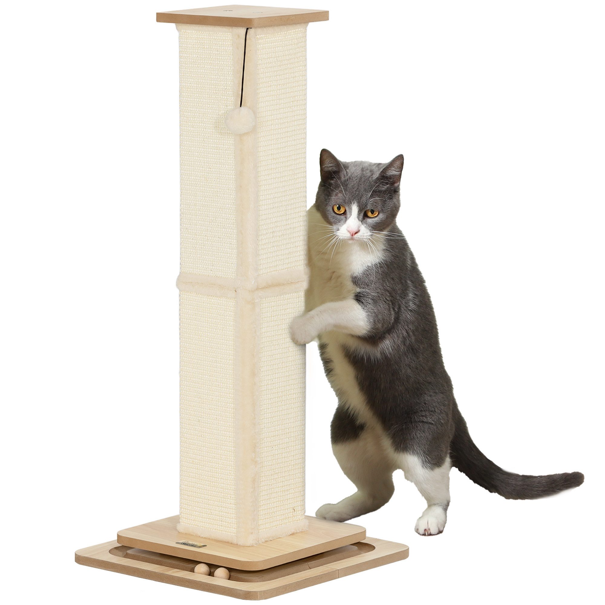 PawHut Kratzbaum Kratzsäule für Katze klein mit Spielball Sisalseil, Indoor, Eiche