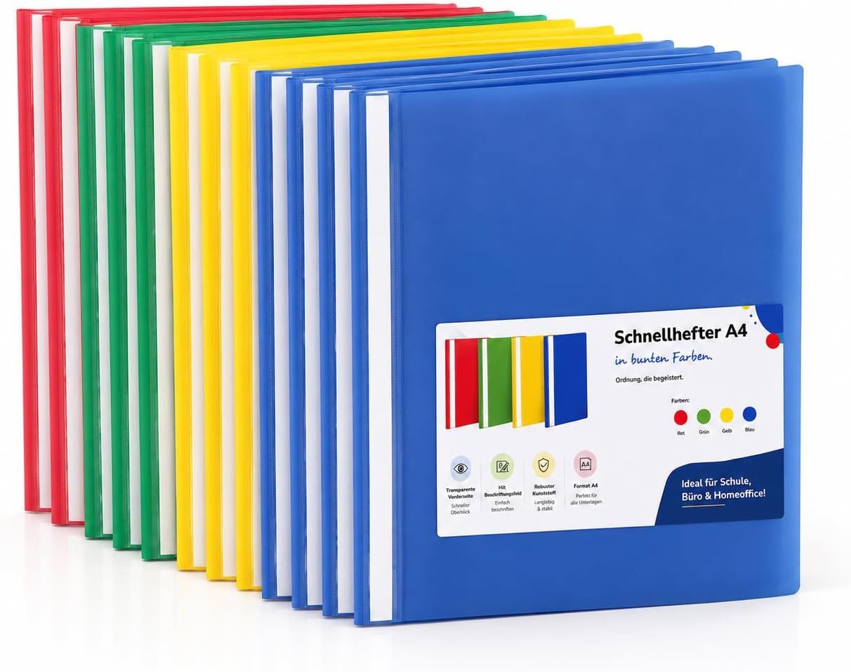 TK Gruppe Schulheft 16x Schnellhefter A4 bunt – Heftmappe transparente Vorderseite