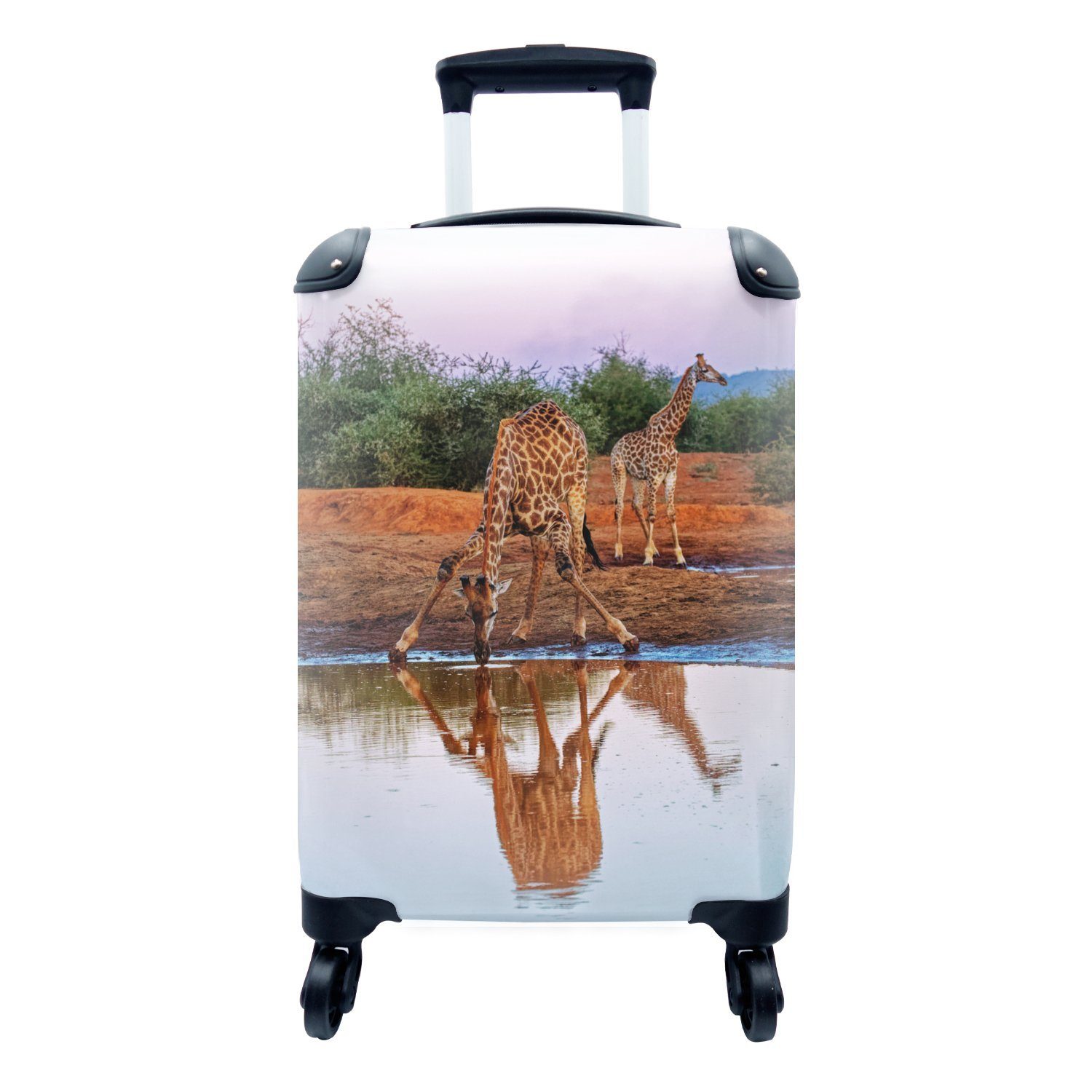 MuchoWow Handgepäckkoffer Trolley, Handgepäck mit - Reisetasche Giraffen Reisekoffer 4 Rollen, - Afrika, Trinken Ferien, rollen, für Wasser 
