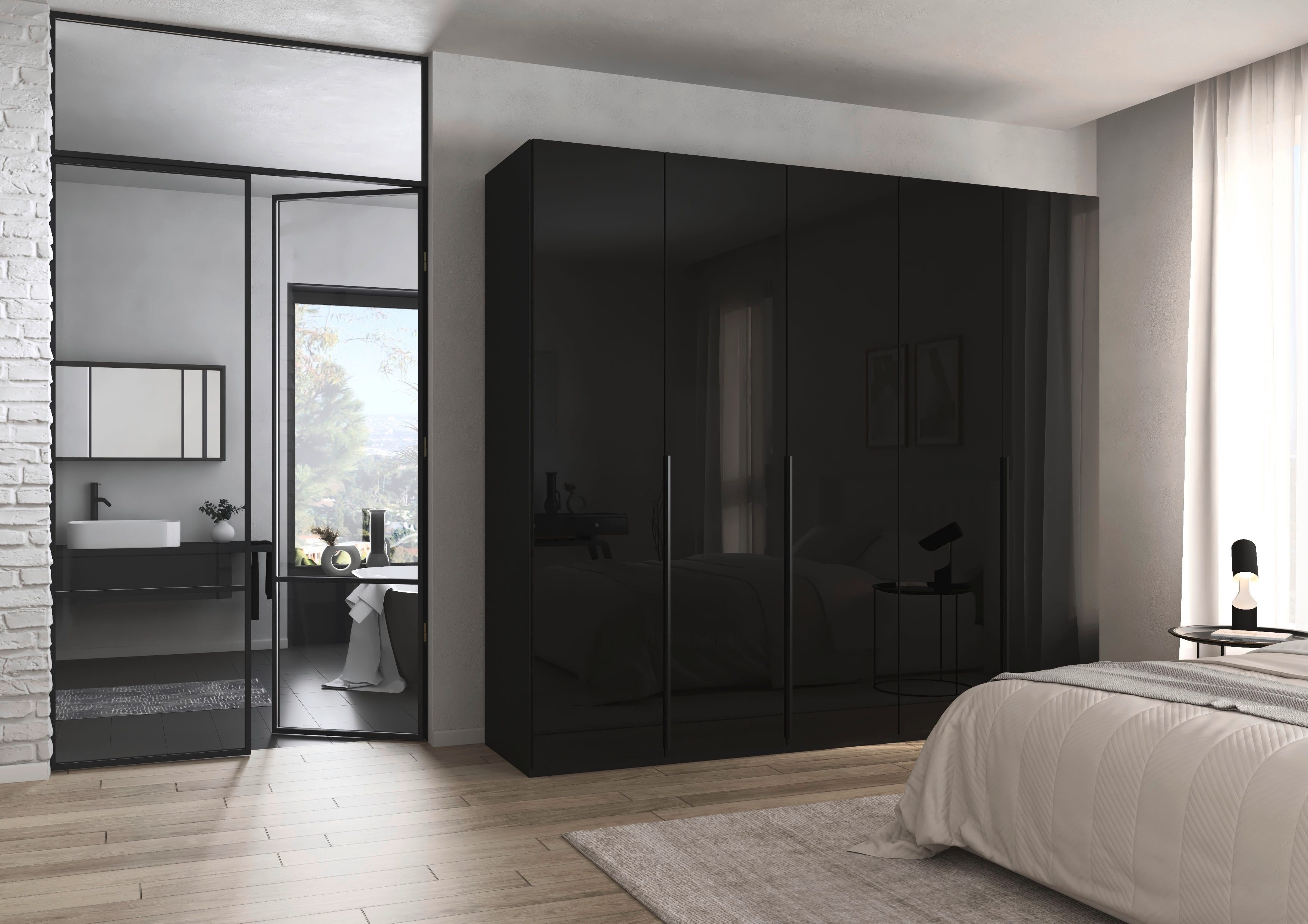 rauch Drehtürenschrank Kleiderschrank Schrank Garderobe Wäscheschrank BESTSELLER MONTCLAR (3 Ausstattungen BASIC/CLASSIC/PREMIUM (SOFT-CLOSE), Breiten 201-400 cm) Front in Glas/Hochglanz/Dekor/Grauspiegel in 5 Breiten MADE IN GERMANY