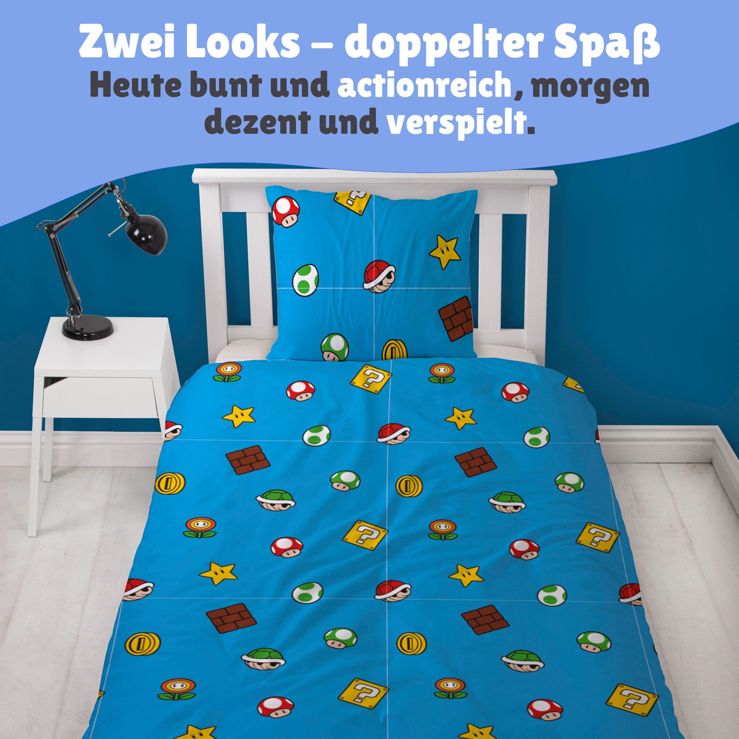 Familando Kinderbettwäsche Super Mario World 135x200 80x80cm Microfaser, Mikrofaser, 2 teilig, für Gamer & Zocker, mit Reißverschluss, Wendebettwäsche – Bild 5 von 5