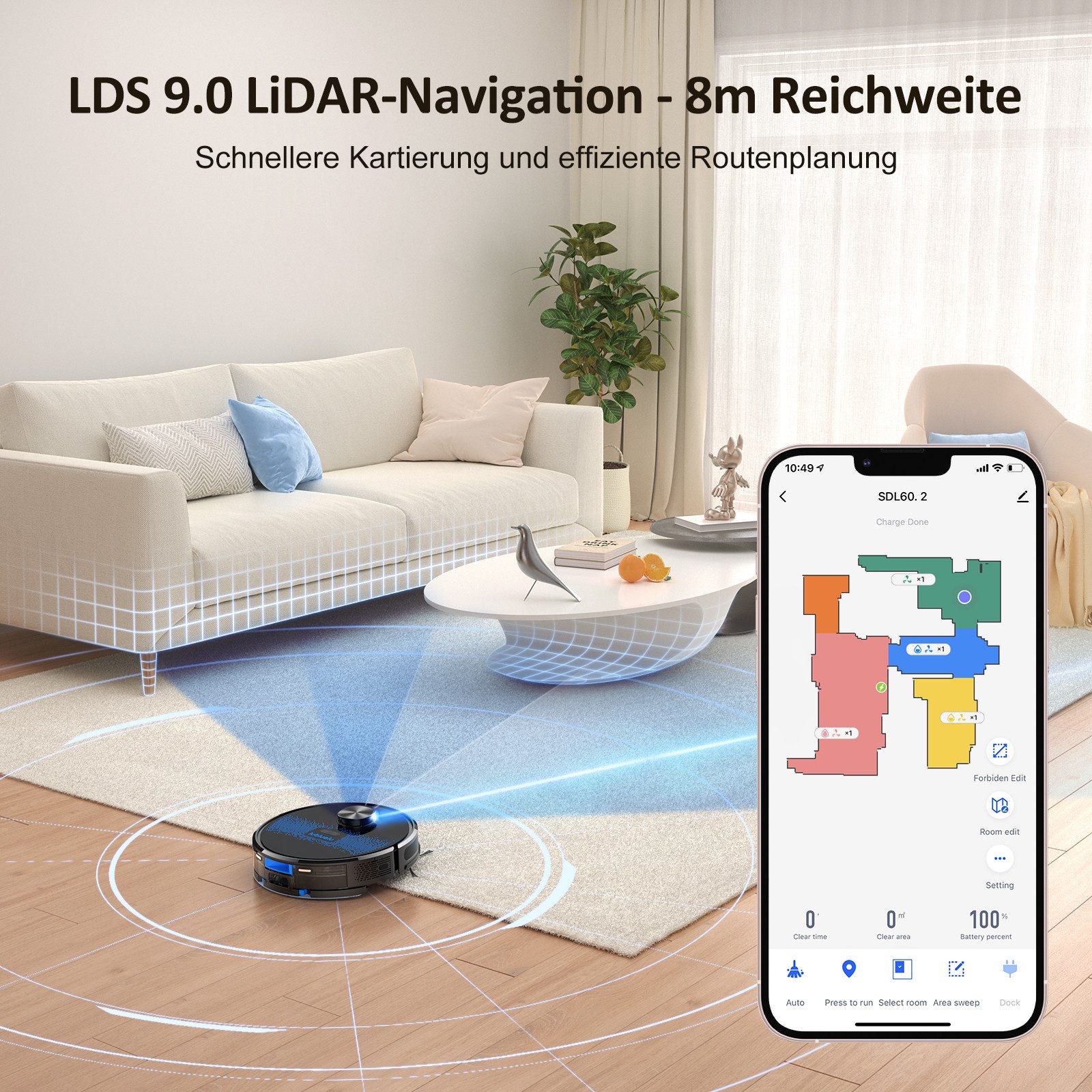 oyajia Nass-Trocken-Saugroboter LDS 9.0 LiDAR Lasernavigation mit Wischfunktion 4000Pa, 42 W, beutellos, 10 No-Go-Zonen