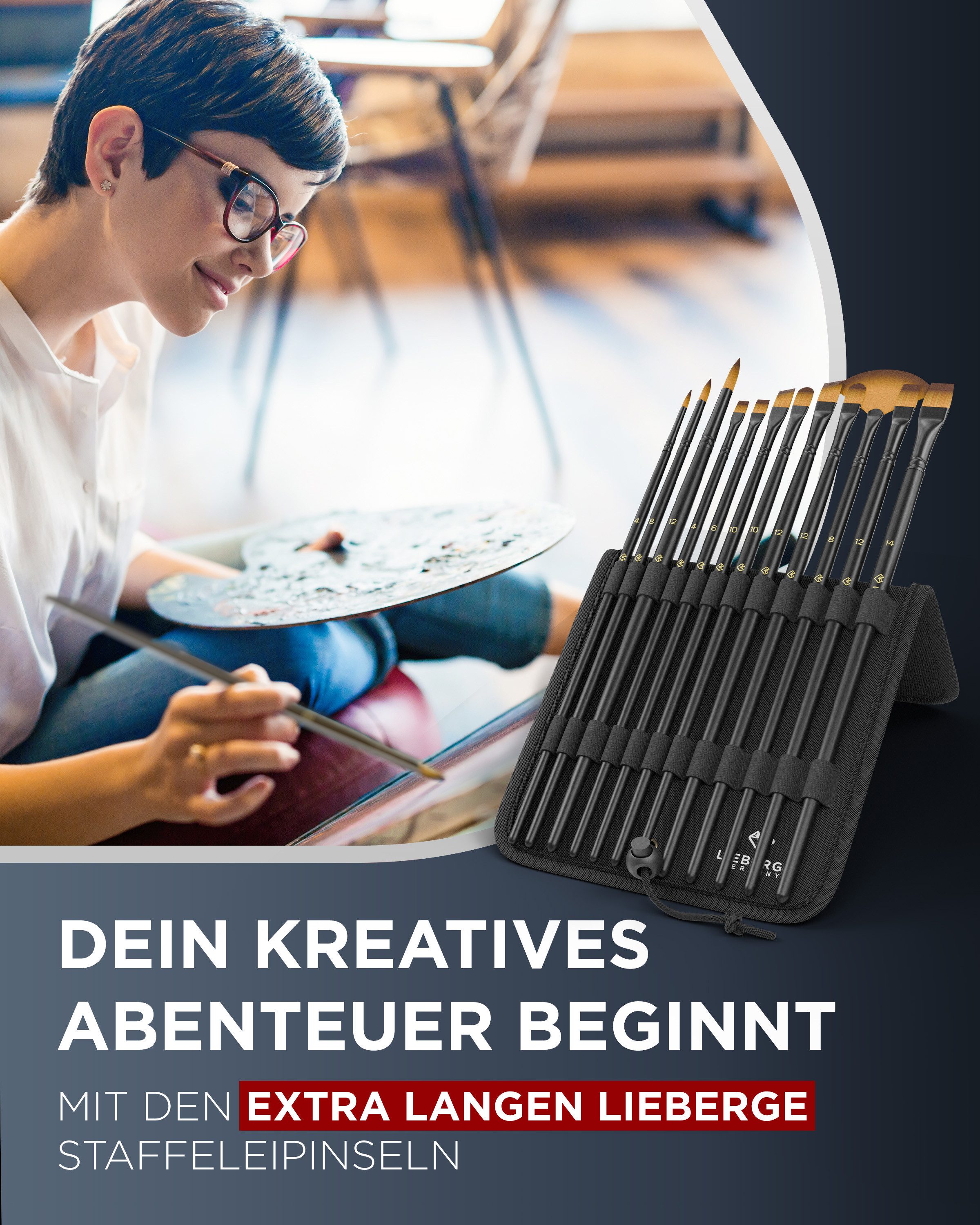 LIEBERGE Malpinsel Premium Set – 12 Langpinsel für Acryl, Aquarell, Öl, inkl. Präsenter, (Set, 12 St., Pinselpräsenter, Flachpinsel, Fächerpinsel, Rundpinsel, Schrägpinsel), langer Stiel, Synthetikhaar, vegan, hohe Farbaufnahme, Profis
