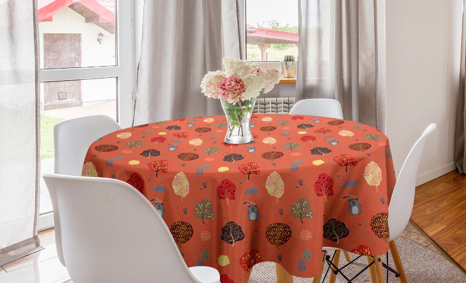 Kreis Dekoration, Tischdecke Kindisch Doodle Regenschirm Esszimmer mit Küche Abakuhaus Abdeckung Tischdecke für Bär