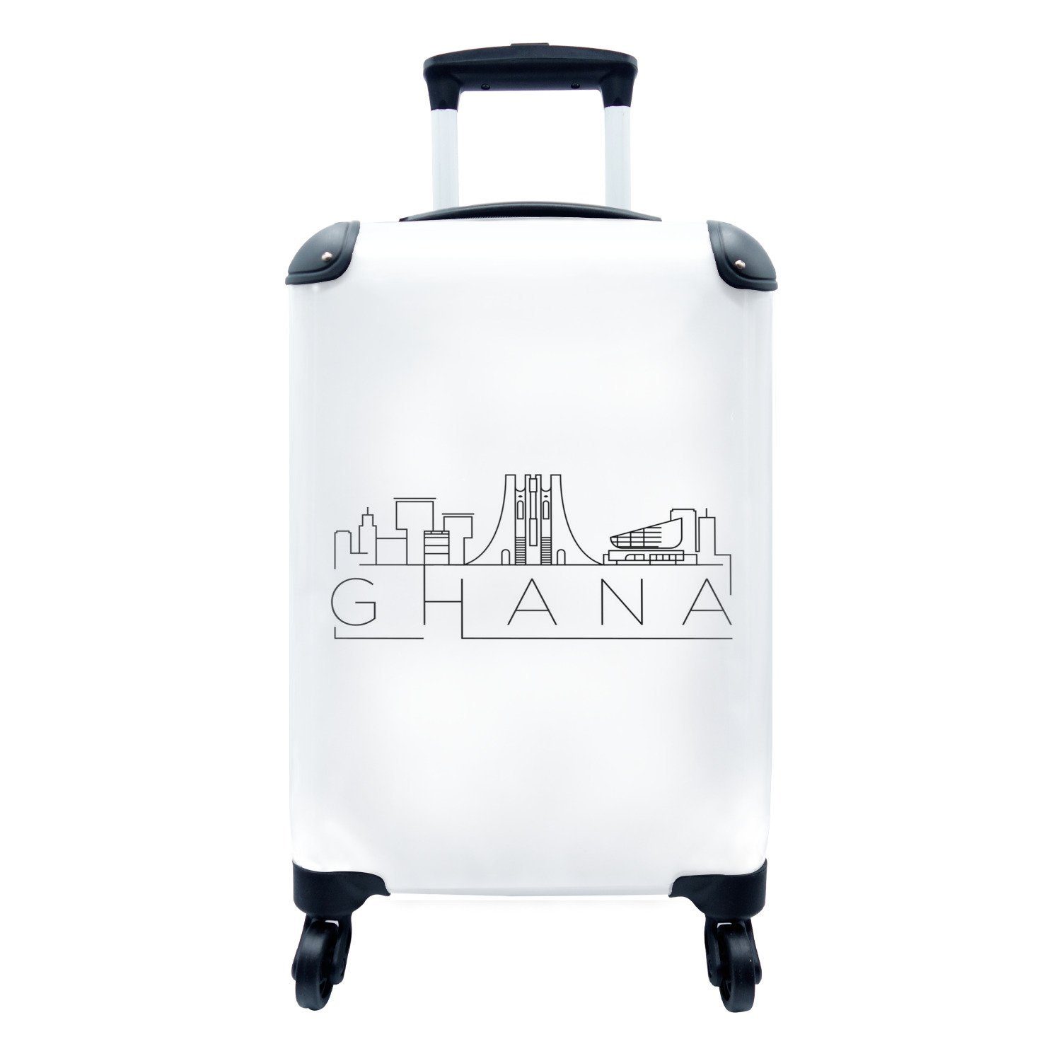 MuchoWow Handgepäckkoffer Skyline "Ghana" schwarz auf weiß, 4 Rollen, Reisetasche mit rollen, Handgepäck für Ferien, Trolley, Reisekoffer