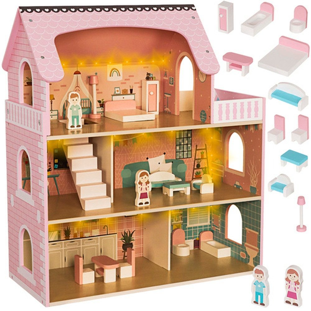 KRUZZEL Puppenhaus Holzhaus Puppenhaus, (Spar-Set, LED-Beleuchtung), Das 3-stöckige XXL-Holzpuppenhaus mit 5 Zimmern