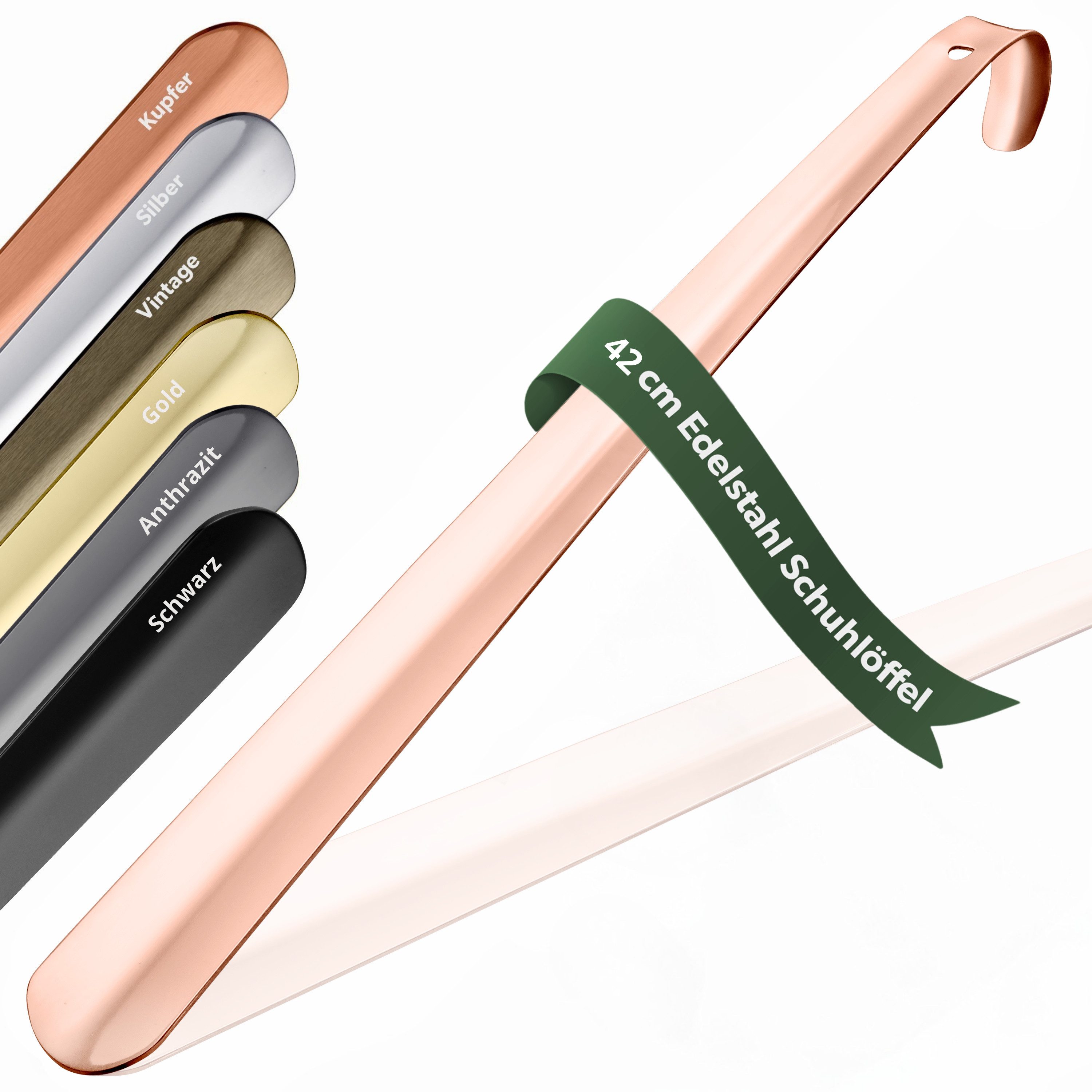 JK Trade Schuhlöffel 42cm Edelstahl Roségold poliert (1-tlg., lang & stabil), Metall Schuhanzieher lang zum Stehen, Aufhängbar, 2mm Extra Stabil