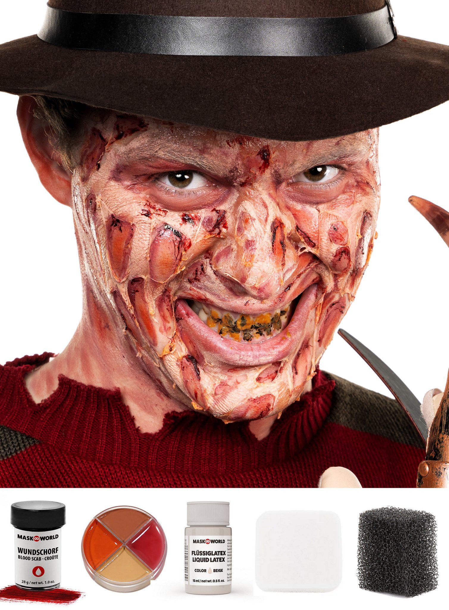 Maskworld Theaterschminke Make-up Set Freddy, Halloween Schminkset mit optimal aufeinander abgestimmten Komponenten