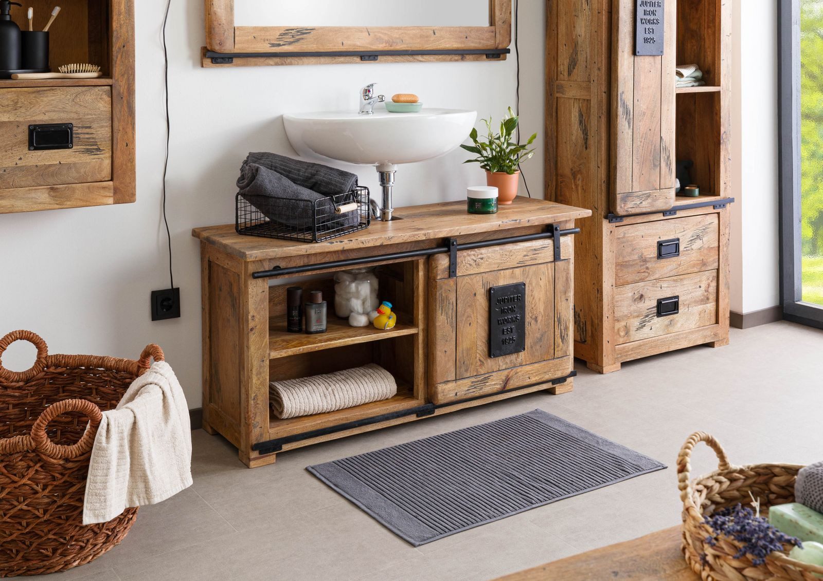 Massivmoebel24 Waschbeckenunterschrank RAILWAY (Mango 120x40x60 natur lackiert RAILWAY #177) Mango 120x40x60 natur lackiert RAILWAY #177