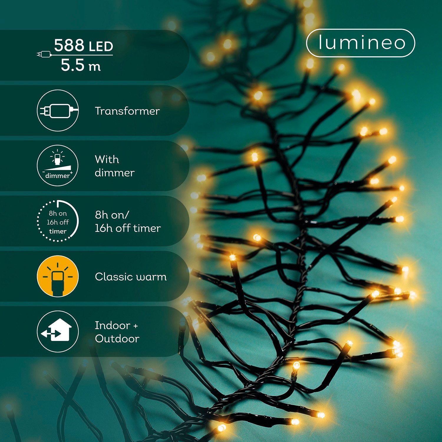 Lumineo LED-Lichterkette Lumineo Lichterkette CLUSTER 588 LED 5,5 m klassisch warm, schwarz, Indoor/Outdoor, dimmbar, 8h-Timer, + 5 m Zuleitung – Bild 2 von 5
