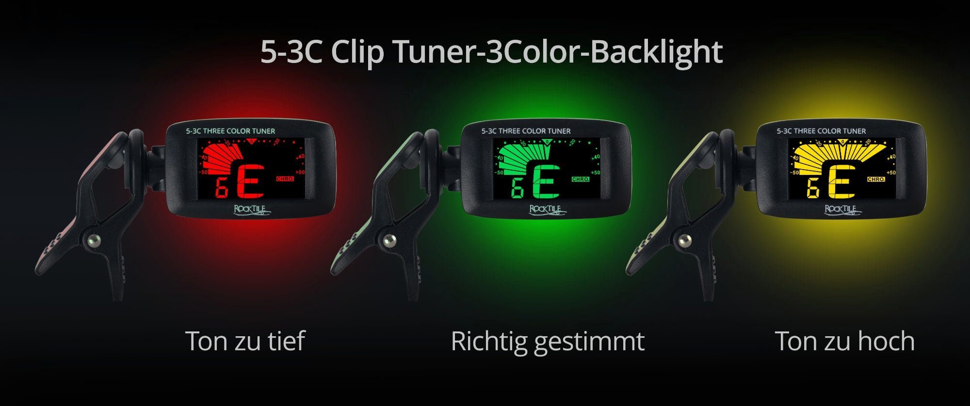 Rocktile Stimmgerät 5-3C Three Color Clip-Tuner, (inkl. Knopfbatterie), Geeignet für Gitarre, Bass, Ukulele und Violine