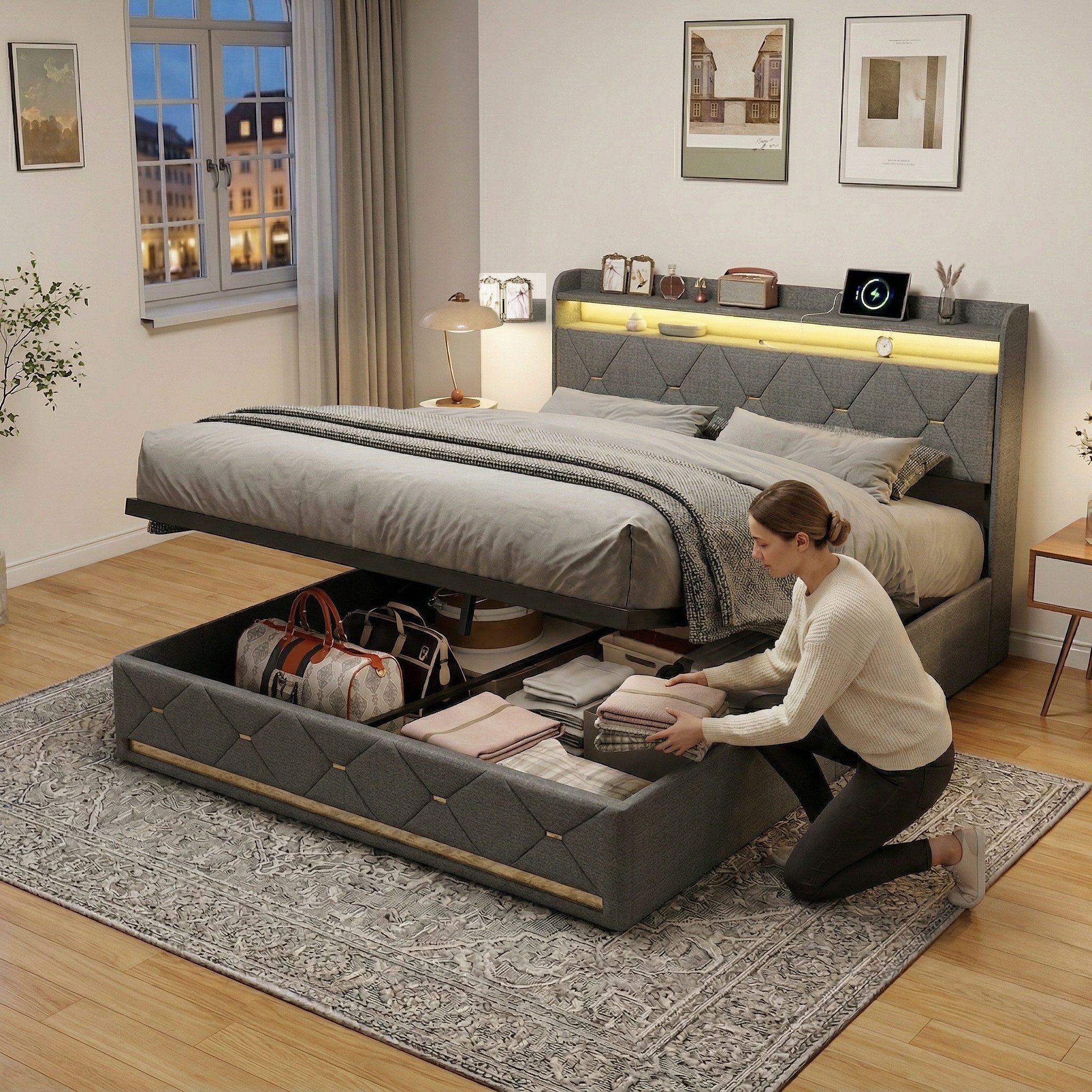 PXloue Polsterbett LED Doppelbett, Bettkasten, Ladefunktion, Leinen, 160x200 cm
