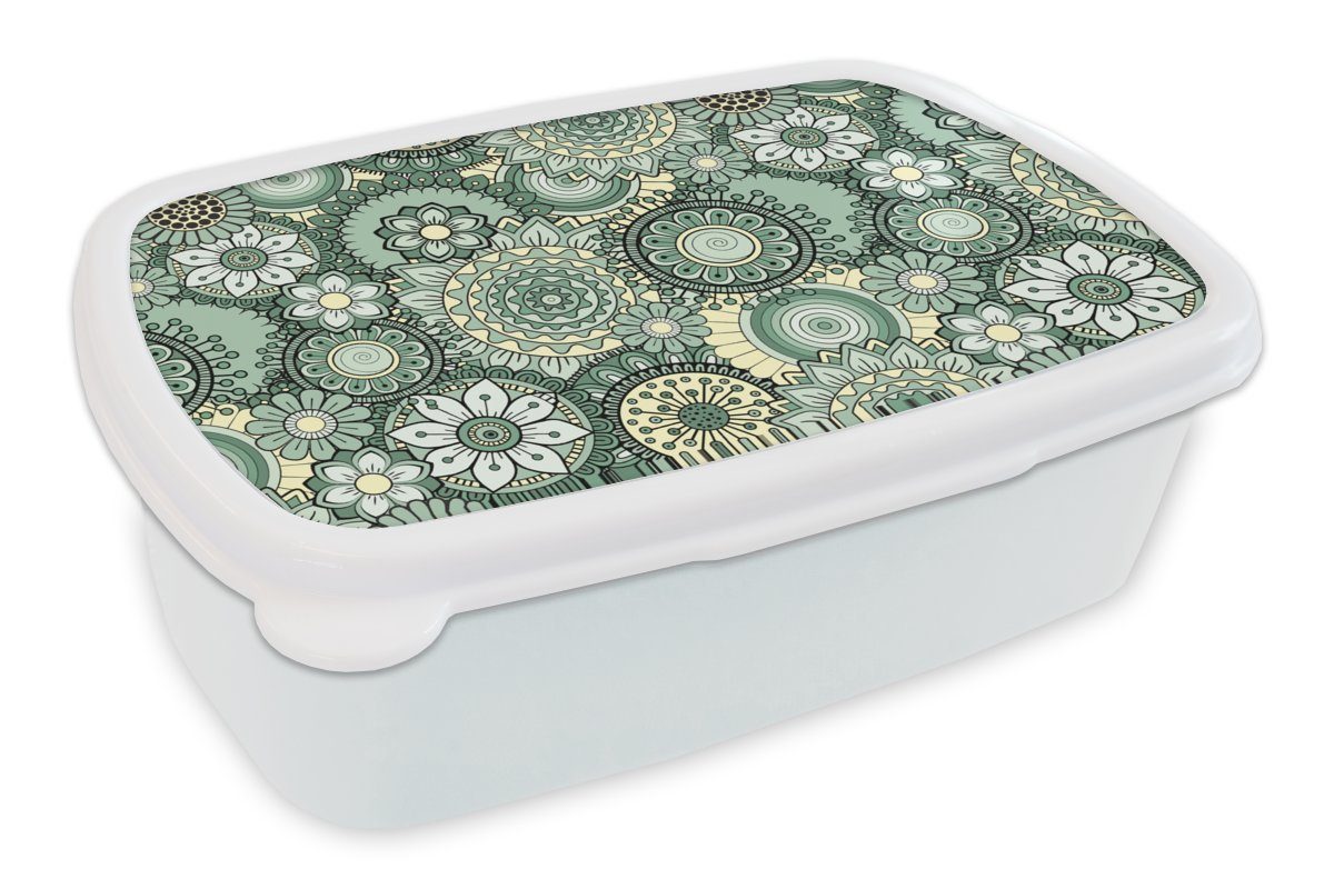 MuchoWow Lunchbox Blumen - Grün - Muster, Kunststoff, (2-tlg), Brotbox für Kinder und Erwachsene, Brotdose, für Jungs und Mädchen weiß