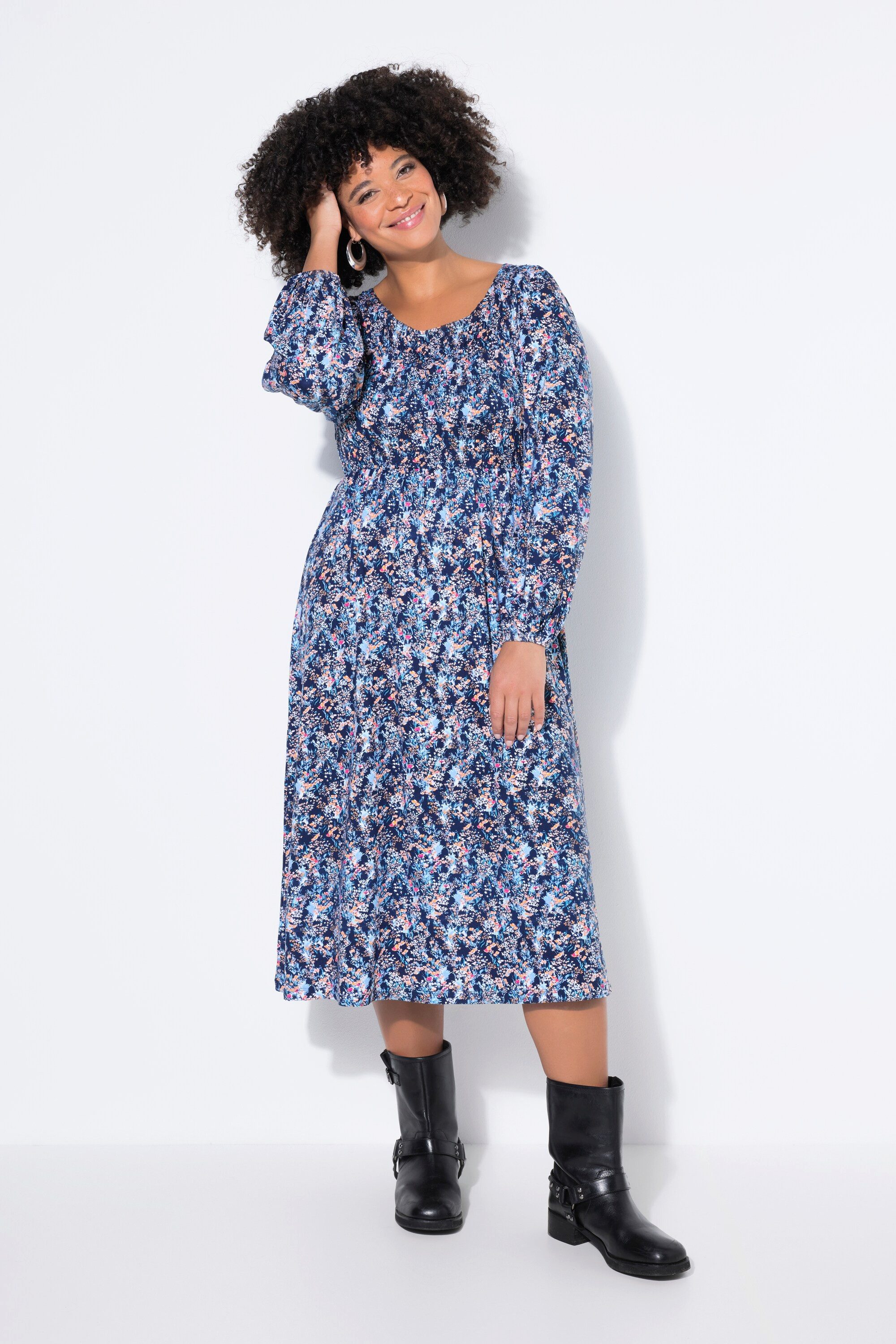 Jerseykleid Kleid Jersey Blumenmuster gesmoktes Oberteil