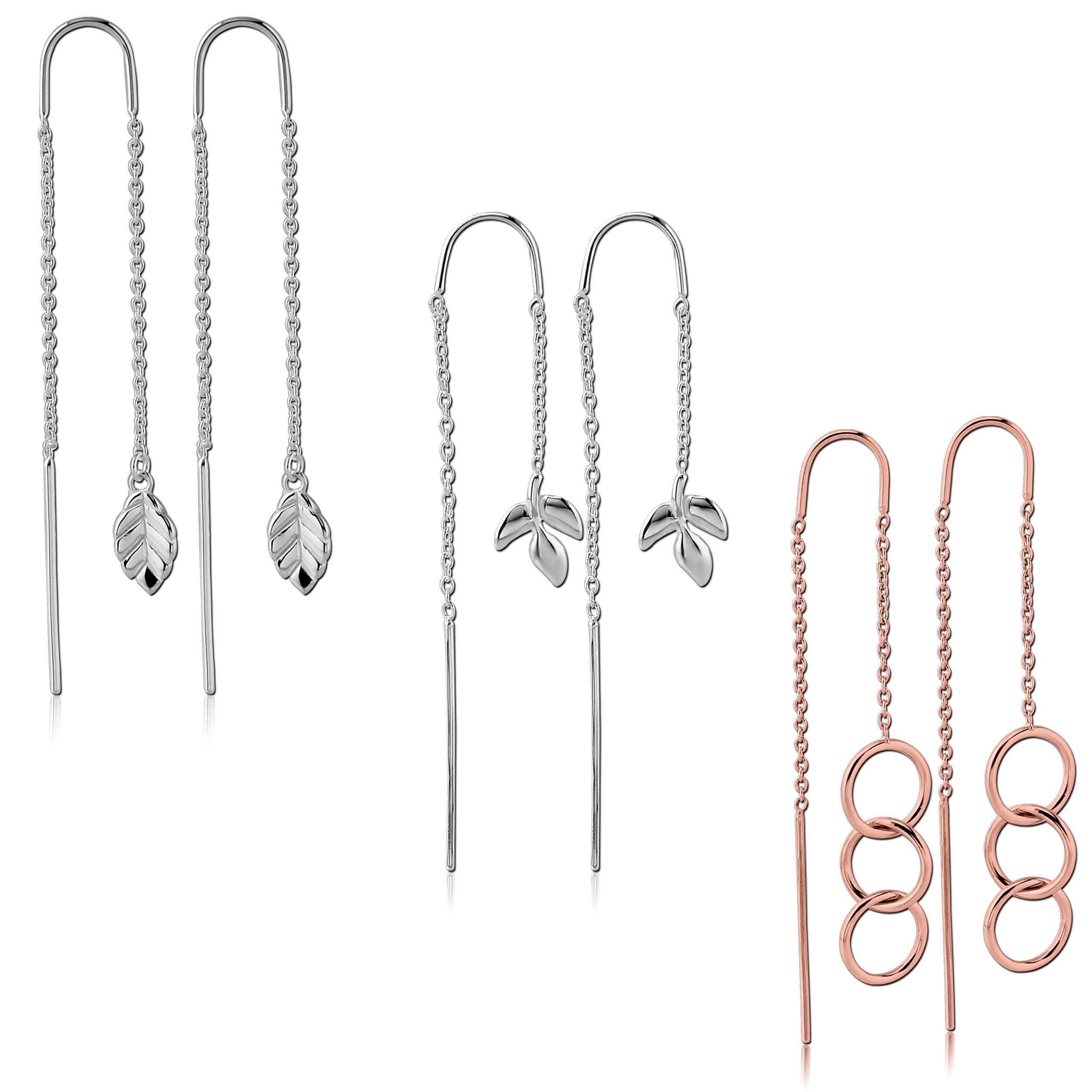 viva-adorno Paar Ohrhänger Ketten Durchzieher Einfädler 925 Sterling Silber Ringe Blätter, Hänger teilweise Rosegold beschichtet