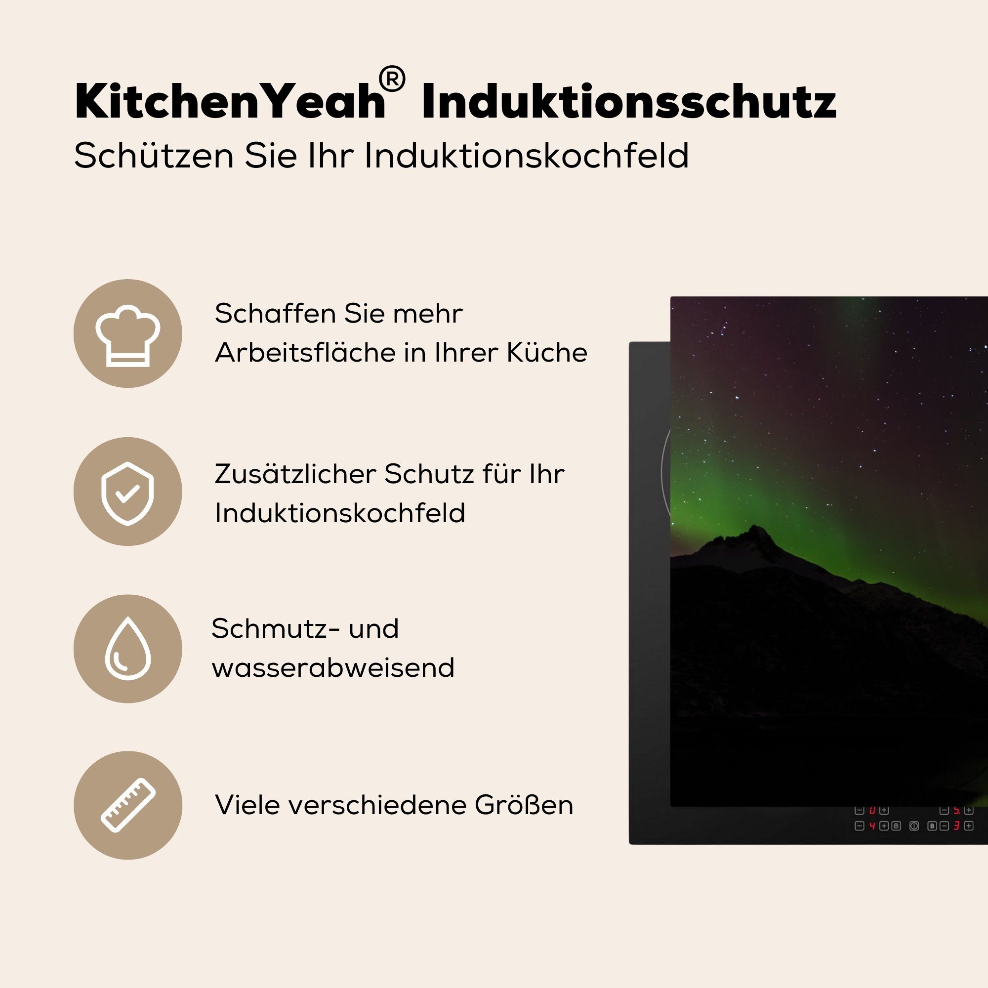 Vinyl, tlg), küche, Herdblende-/Abdeckplatte cm, Aurora - Schutz Berge, MuchoWow Ceranfeldabdeckung - die für Induktionskochfeld Sternenhimmel (1 81x52