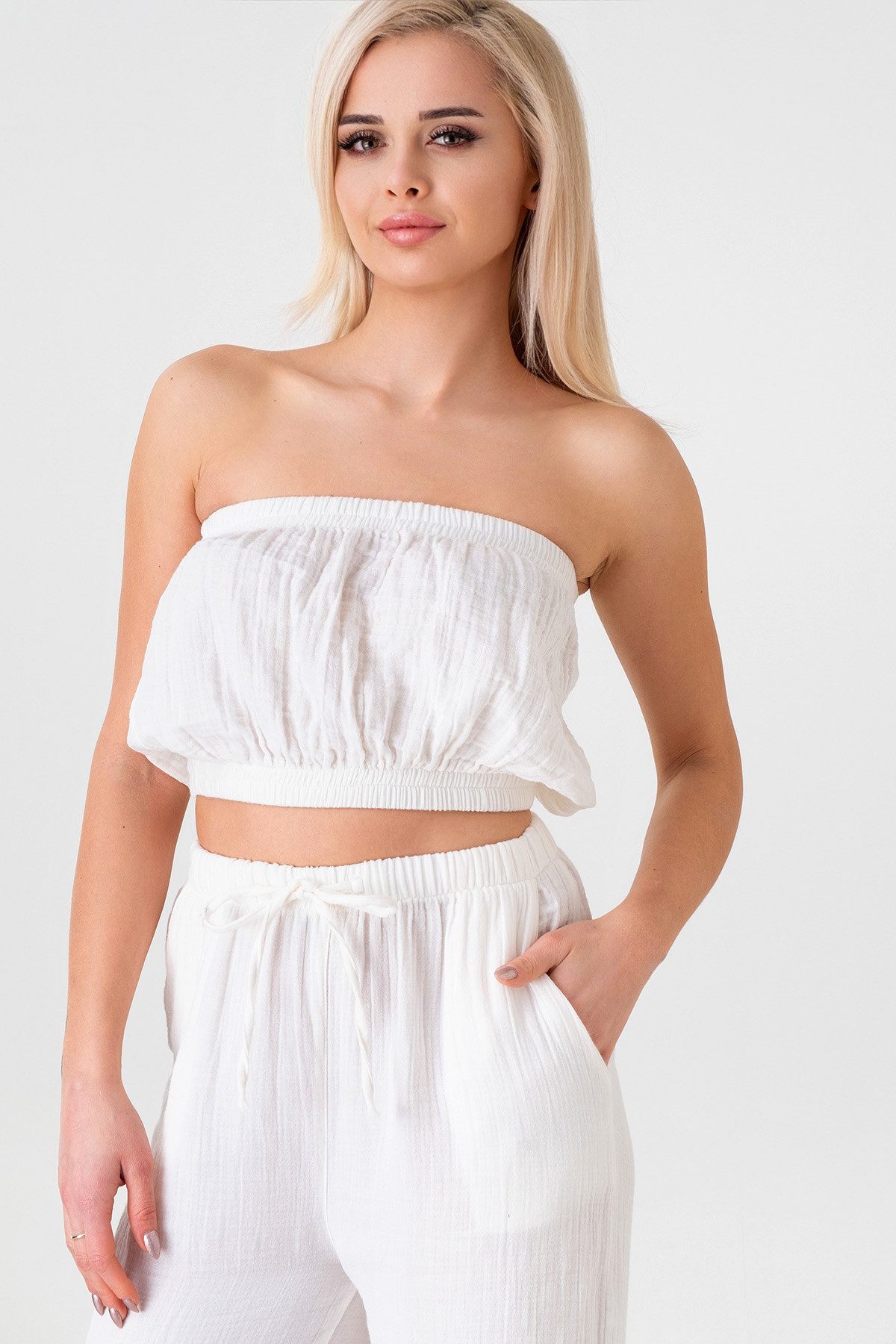 WENOR Crop-Top Trägerloses Musselin-Oberteil mit Gummizug aus 100 % Baumwolle elastische Bündchen oben und unten, minimalistisches Design