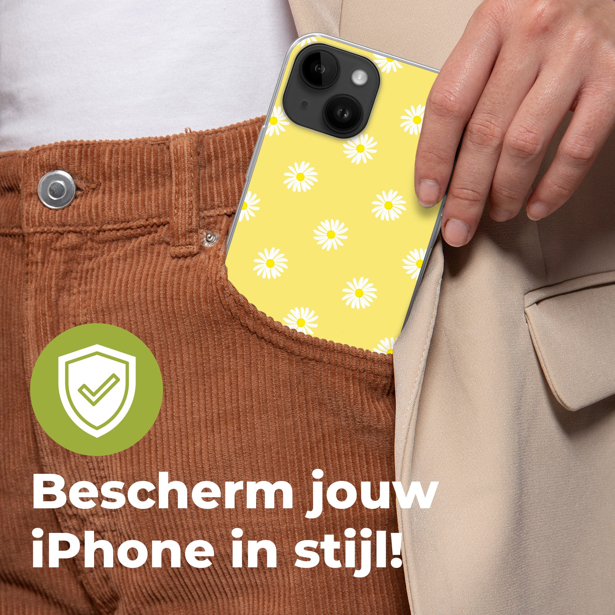 MuchoWow Handyhülle für Apple iPhone 14 Gänseblümchen - Pastell - Weiß - Gelb - Blumen, Smartphone-Bumper, Print, Handy Schutzhülle Dünn