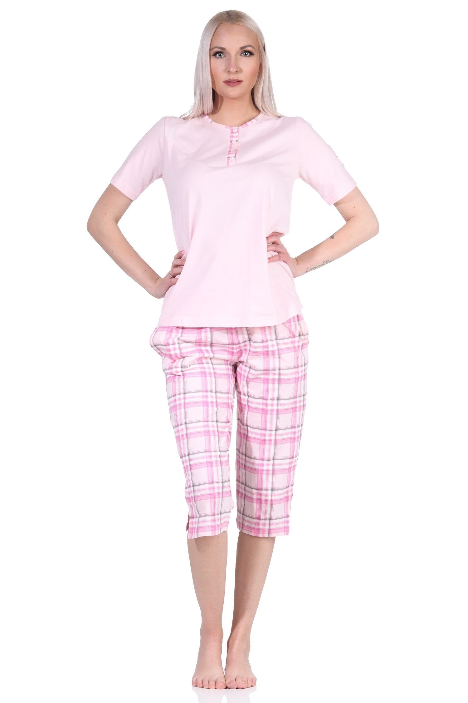 Normann Pyjama Damen kurzarm Schlafanzug mit karierter Capri-Hose aus Jersey