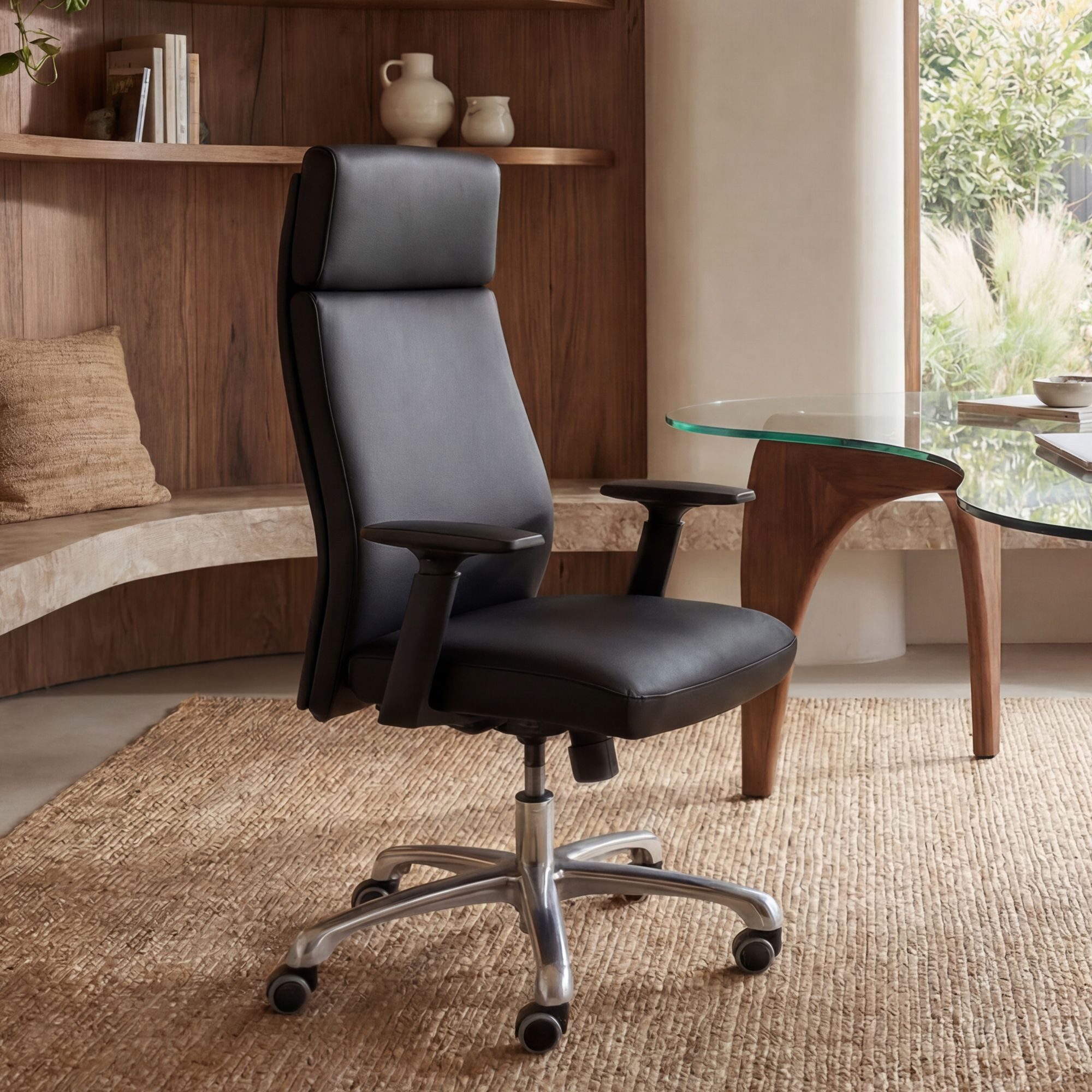 FINEBUY Schreibtischstuhl Bürostuhl Chefsessel PORTO Leder Schwarz Drehstuhl (Drehstuhl Wippfunktion, Schreibtischstuhl Drehbar), Echtleder Schwarz Bürostuhl Ergonomisch Kopfstütze