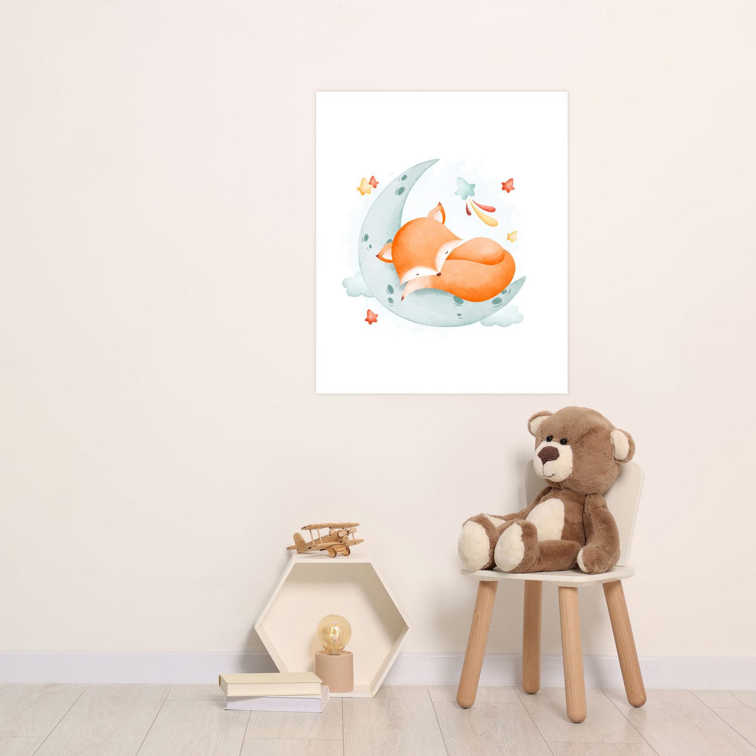 Lüttenhütt Bild mit Rahmen oder Poster, Schlafender Fuchs auf Mond mit Sternen, Fantasy, Füchse, Tiere (1 St), HD Premium Druck