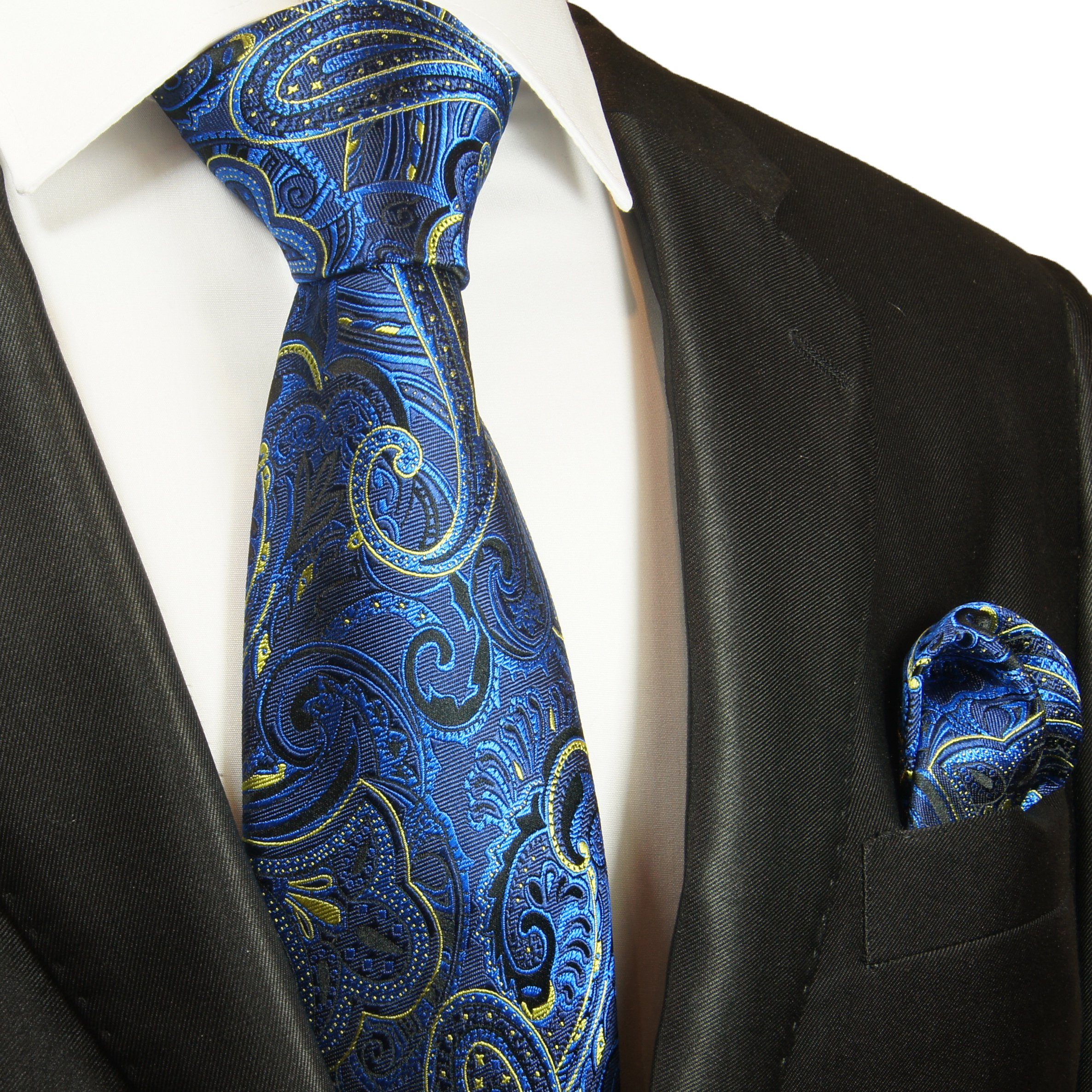Paul 2044 Seidenkrawatte brokat (8cm), Malone Krawatte 2-St., (Set, Einstecktuch) modern Krawatte Seide blau Tuch mit mit Breit paisley Herren 100%