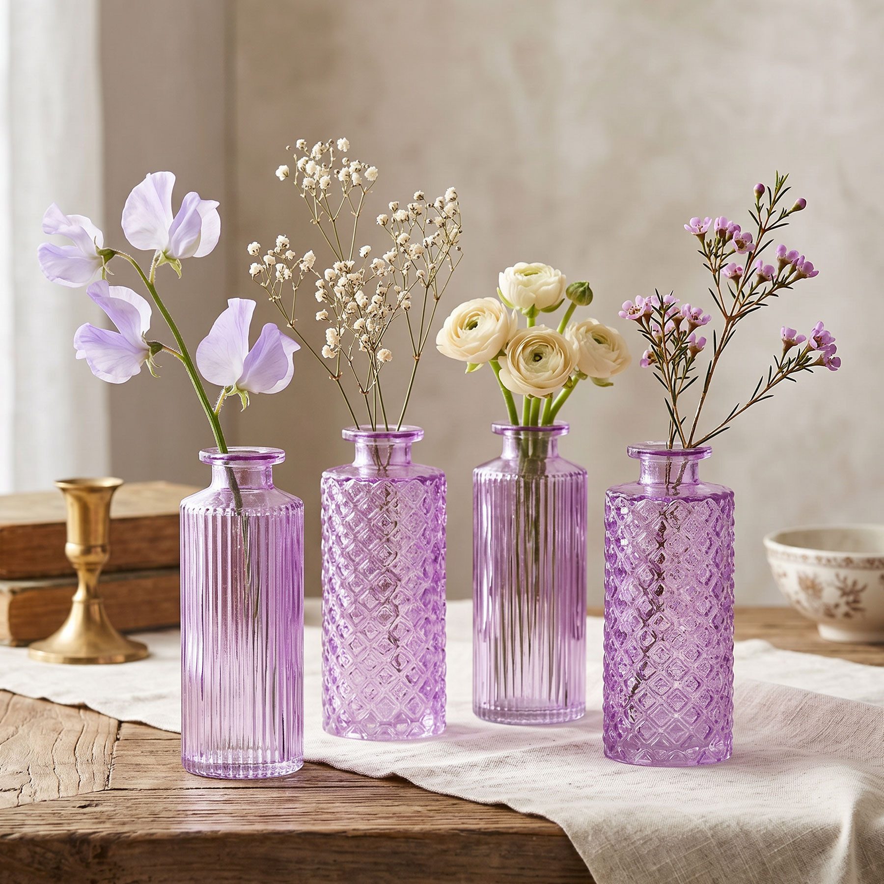 Levandeo® Dekovase, 4er Set Vase Glas Lila H14cm Violett Pastell Blumenvase Tischdeko