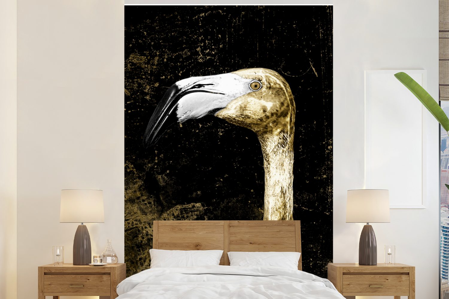 Matt, Tapete für St), (3 Wandtapete bedruckt, Fototapete Vinyl - Montagefertig MuchoWow Wohnzimmer, Gold - Flamingo Tropisch,