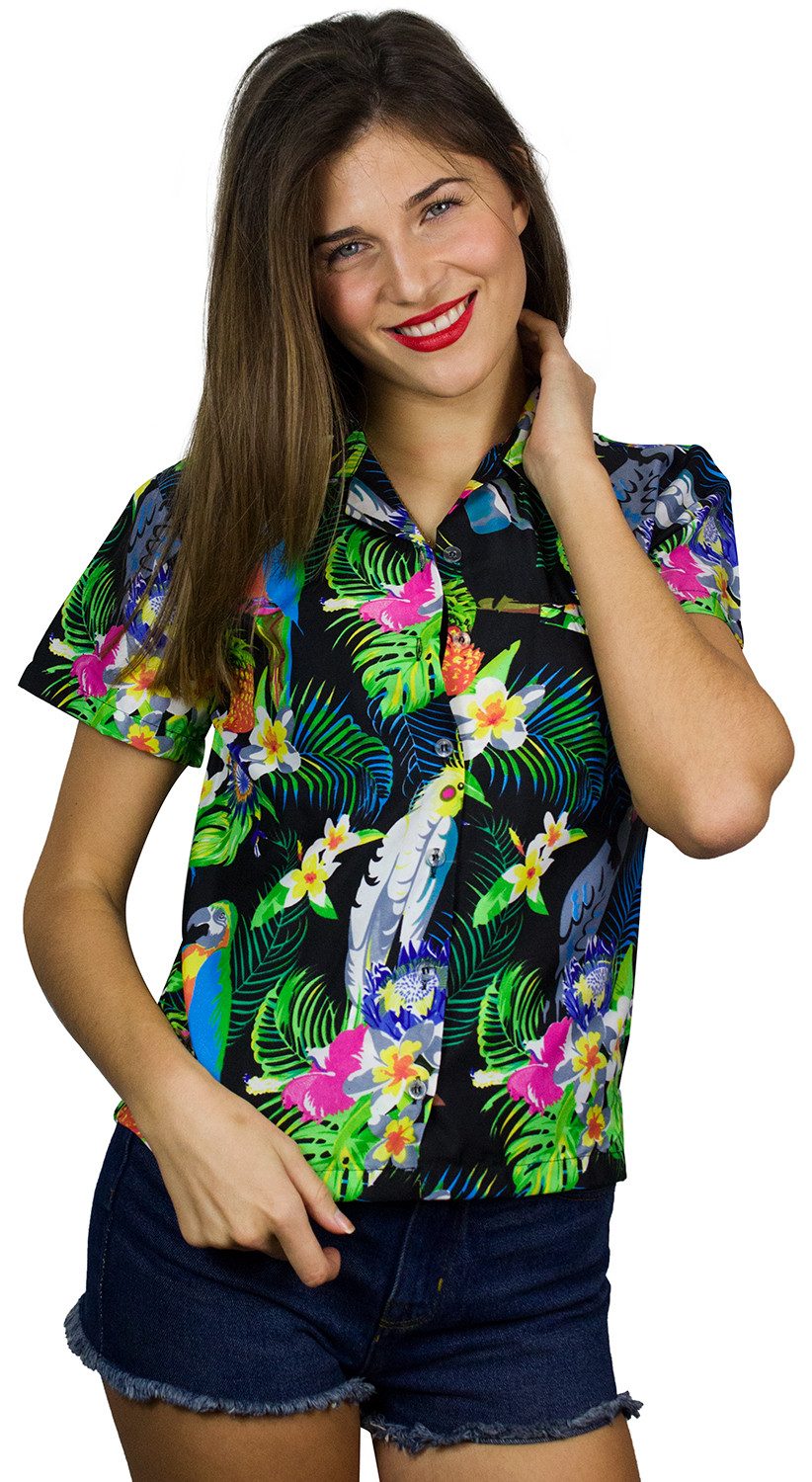 Hawaiihemd Parrot Cockatoo Funky Hawaiibluse Damen Kurzarm Front-Tasche Stylish