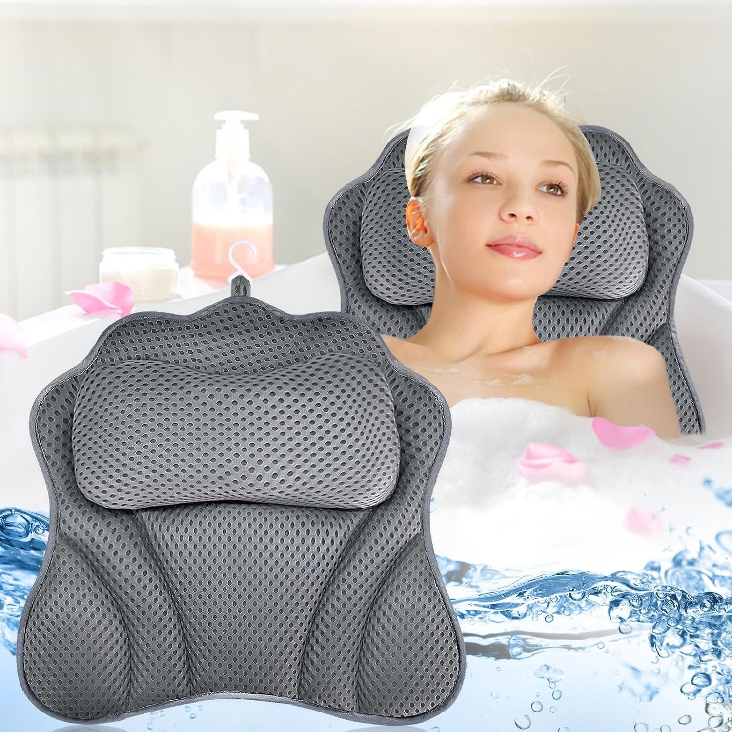 BlingBin Badewannenkissen 4D Badewannenkissen mit Saugnäpfen & Nackenkissen, Badepolster Grau, 1er Set, 1-tlg., 1pcs, 6 starke Saugnäpfe für sicheren Halt in der Badewanne