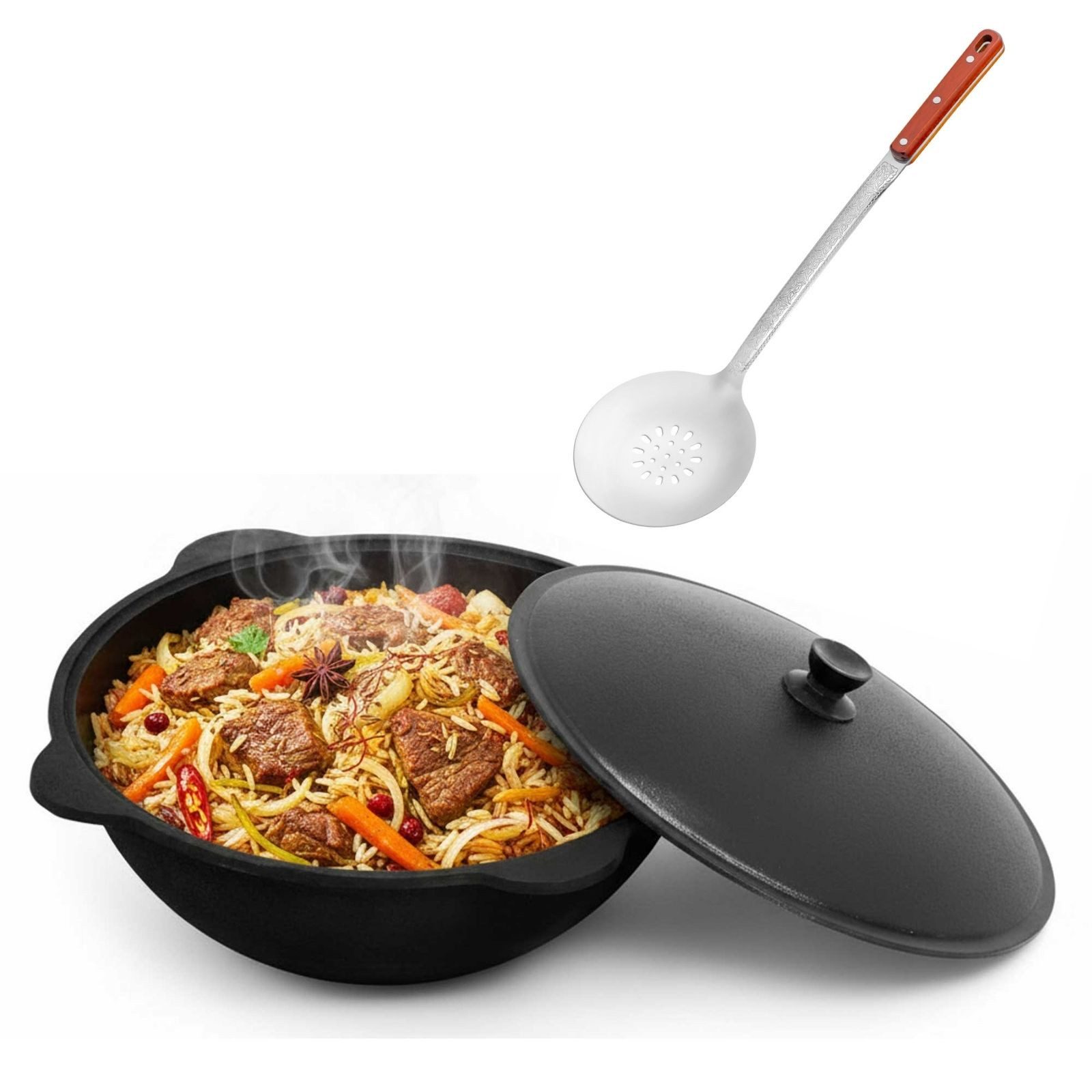 4BIG.fun Grilltopf Gusseisen Kasan 8L Deckel Campingtopf Kazan WOK Kessel BBQ Schaumkelle, Gusseisen (Gusseisener Kasan mit Deckel und Schaumkelle)