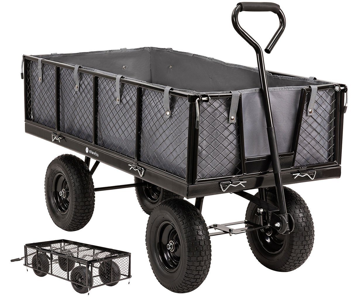 Transportkarre 700 Klappbare MB-700 - kompakter Bollerwagen Wände - Gartenwagen - - Anhängerfunktion, Faltwagen (bis - Kippfunktion Gerätewagen Handkarren Liter herausnehmbar), 2-tlg., Kg/220 Handwagen miweba grau Plane -