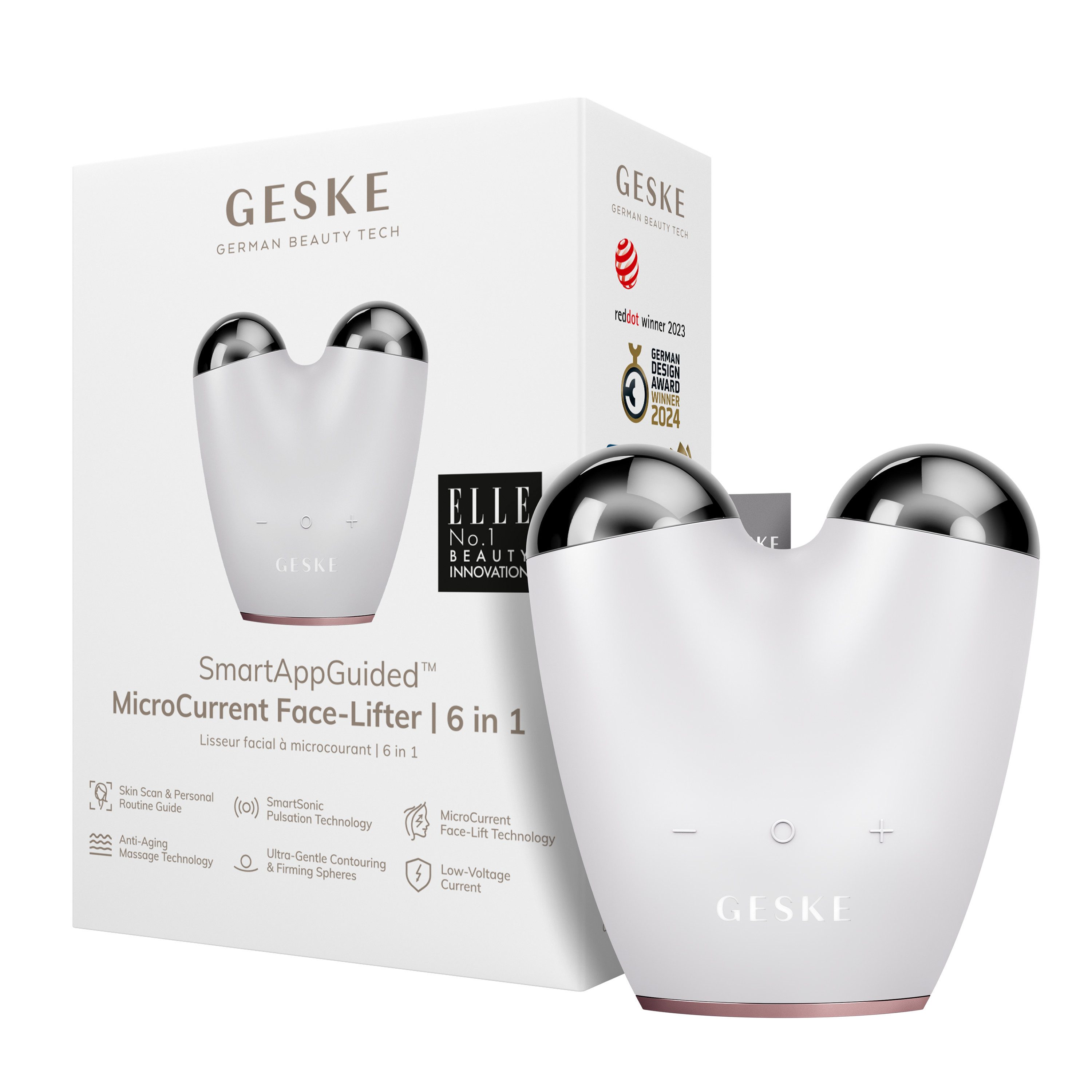 GESKE German Beauty Tech Enhancer SmartAppGuided™ MicroCurrent Face-Lifter 6 in 1, Packung (Gerät & USB-Ladekabel), 2-tlg., Gerät inkl. kostenloser APP (SmartAppGuided Device), Mit der GESKE App erhältst Du deine personalisierte Уход за кожейroutine.