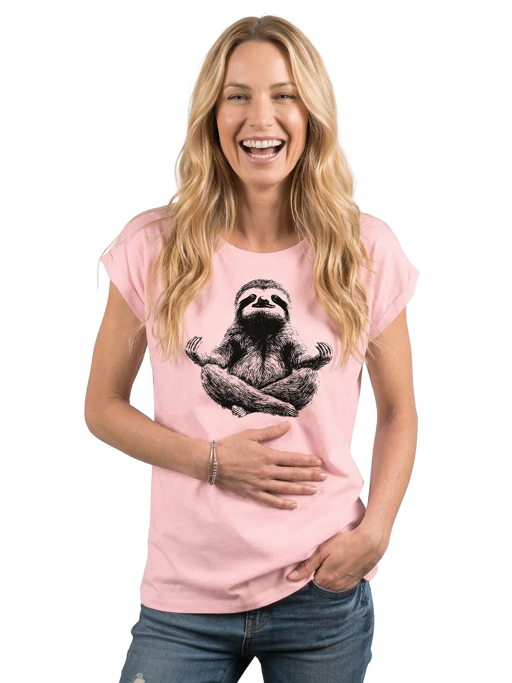 MAKAYA T-Shirt Kurzarm Damen T-Shirt mit lustigem Faultier-Yoga-Aufdruck (Weiß, Rosa, Hellgrau, Grün, Dunkelgrau, 34, 36, 38, 40, 42, 44, 46, 48, 50) Baumwolle