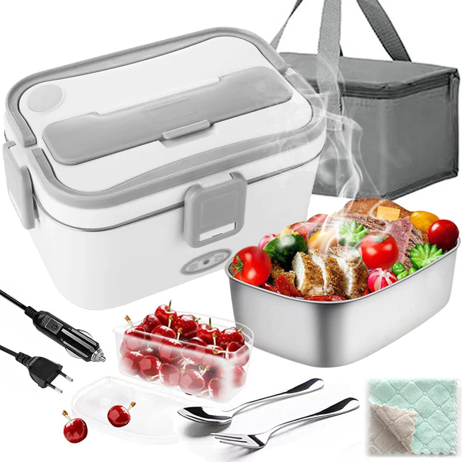 MOPUEA Elektrische Lunchbox 3 in 1 Elektrische Lunchbox Brotdose aus Edelstahl für Zuhause Auto, (1,8 L Großes Fassungsvermögen, Mit 12V/24V Autoadapter und 230V Netzadapter), Großes Fassungsvermögen mit Tragetasche und Reinigungstuch