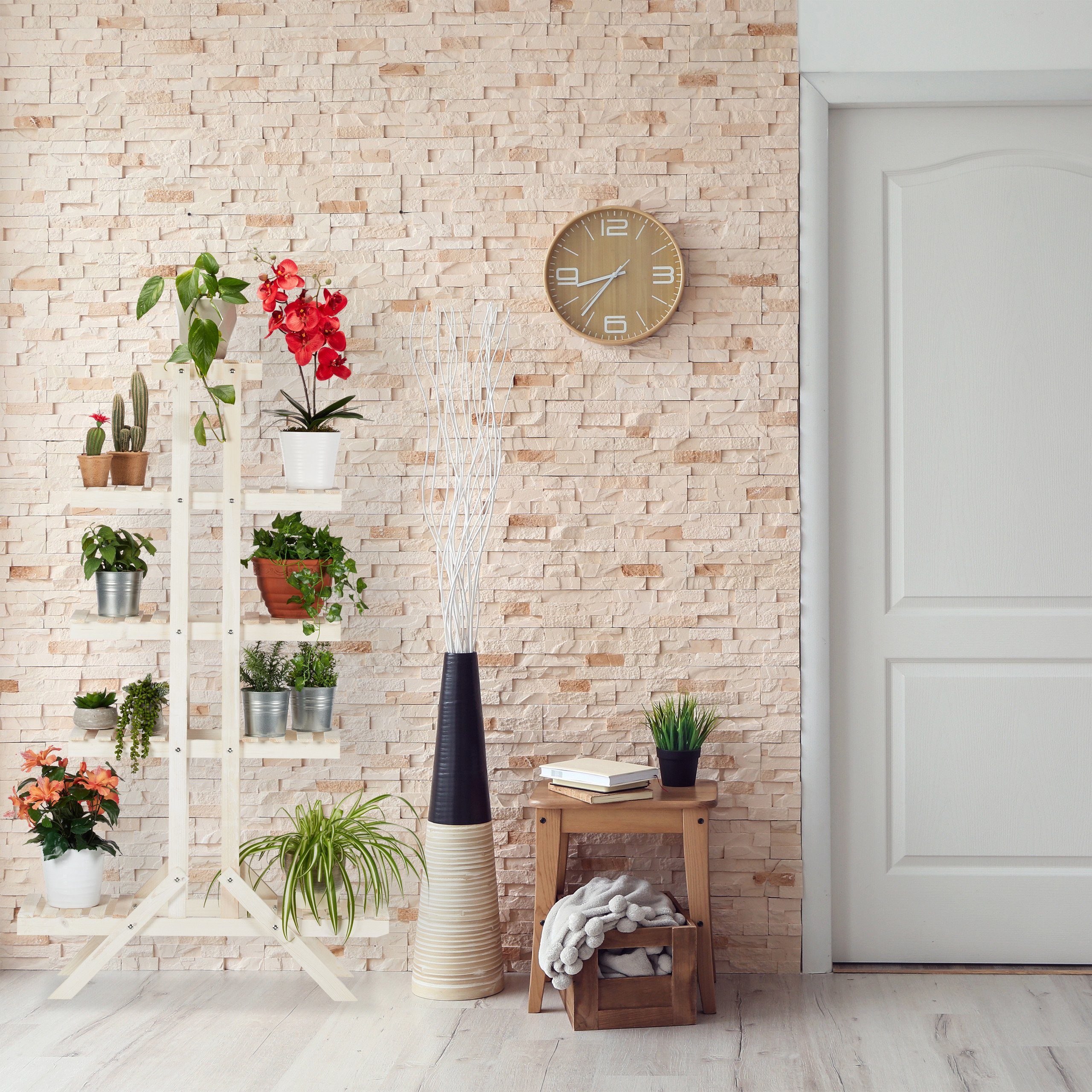 5 Stufen, Holz Blumentreppe mit relaxdays Blumenständer Weiß