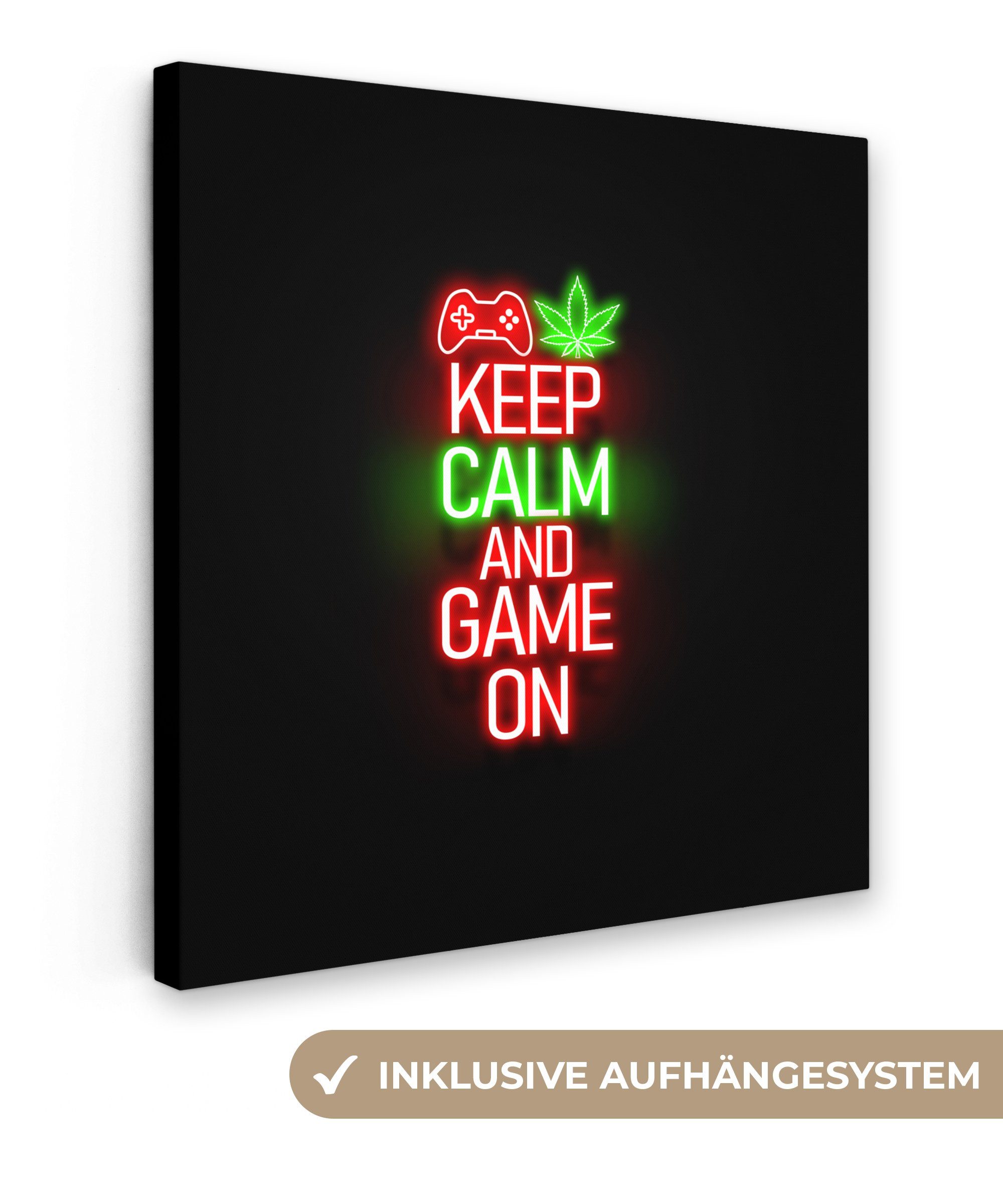 OneMillionCanvasses® Leinwandbild Gaming - Neon - Ruhe bewahren und weiterspielen - Rot - Text, Fotodruck (1 St), Gaming Bilder, Wandbild Gamingzimmer, Deko Wandbilder Gamer 20x20 cm