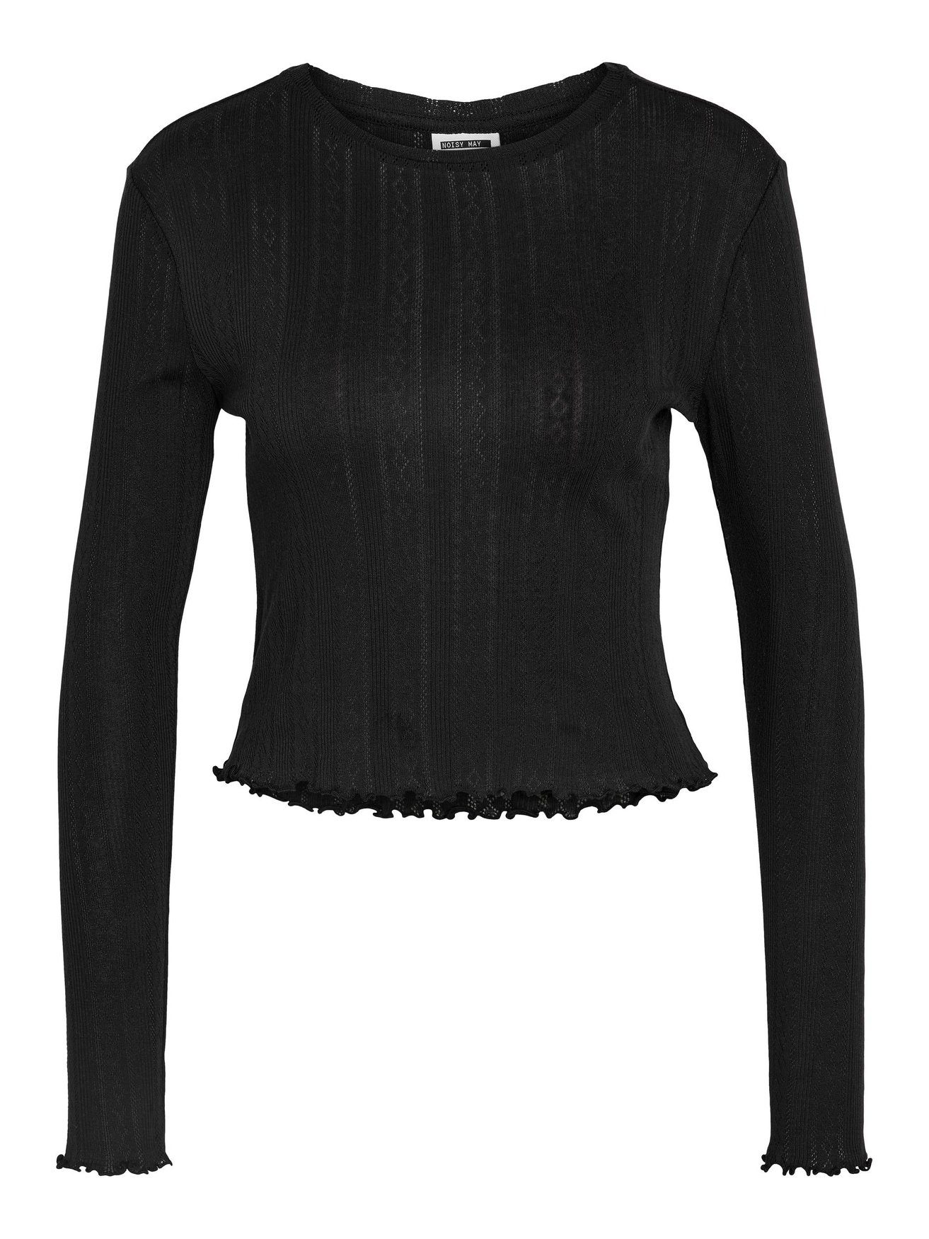 Noisy may T-Shirt Rüschen Oberteil Langarm Pointelle Top NMJUDY 5691 in Schwarz