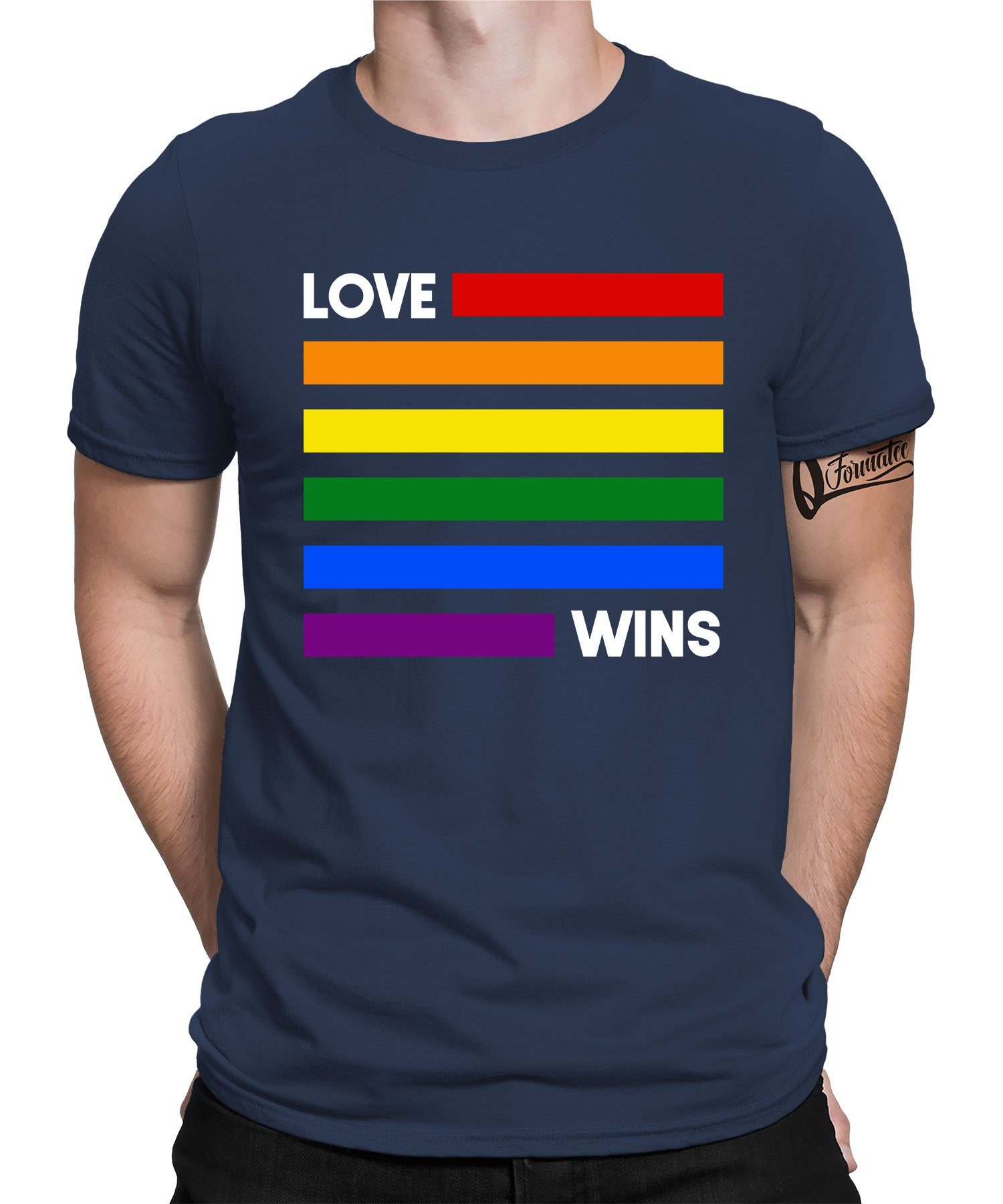 Quattro Formatee Kurzarmshirt Love Wins - Stolz Regenbogen LGBT Gay Pride Herren T-Shirt (1-tlg) Navy Blau