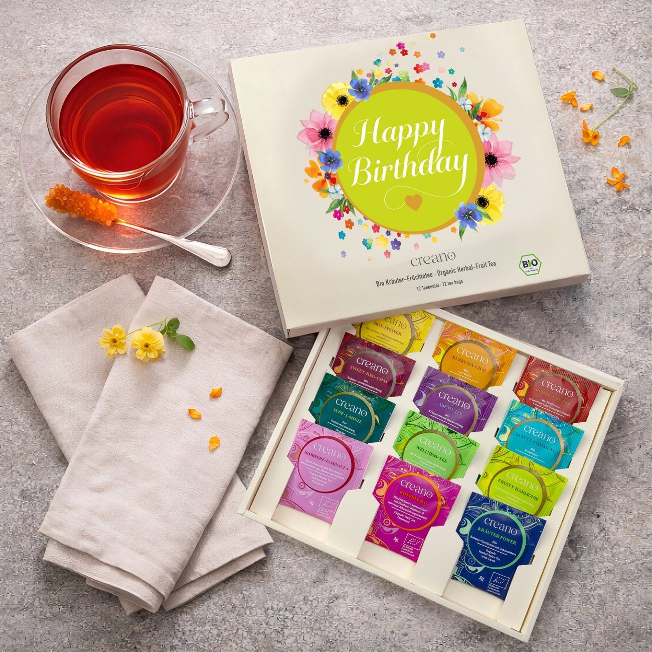Creano Tee Bio Kräutertee Geschenkset - Happy Birthday - 12x Bio-Teebeutel 24g*, 1 x 12 St.