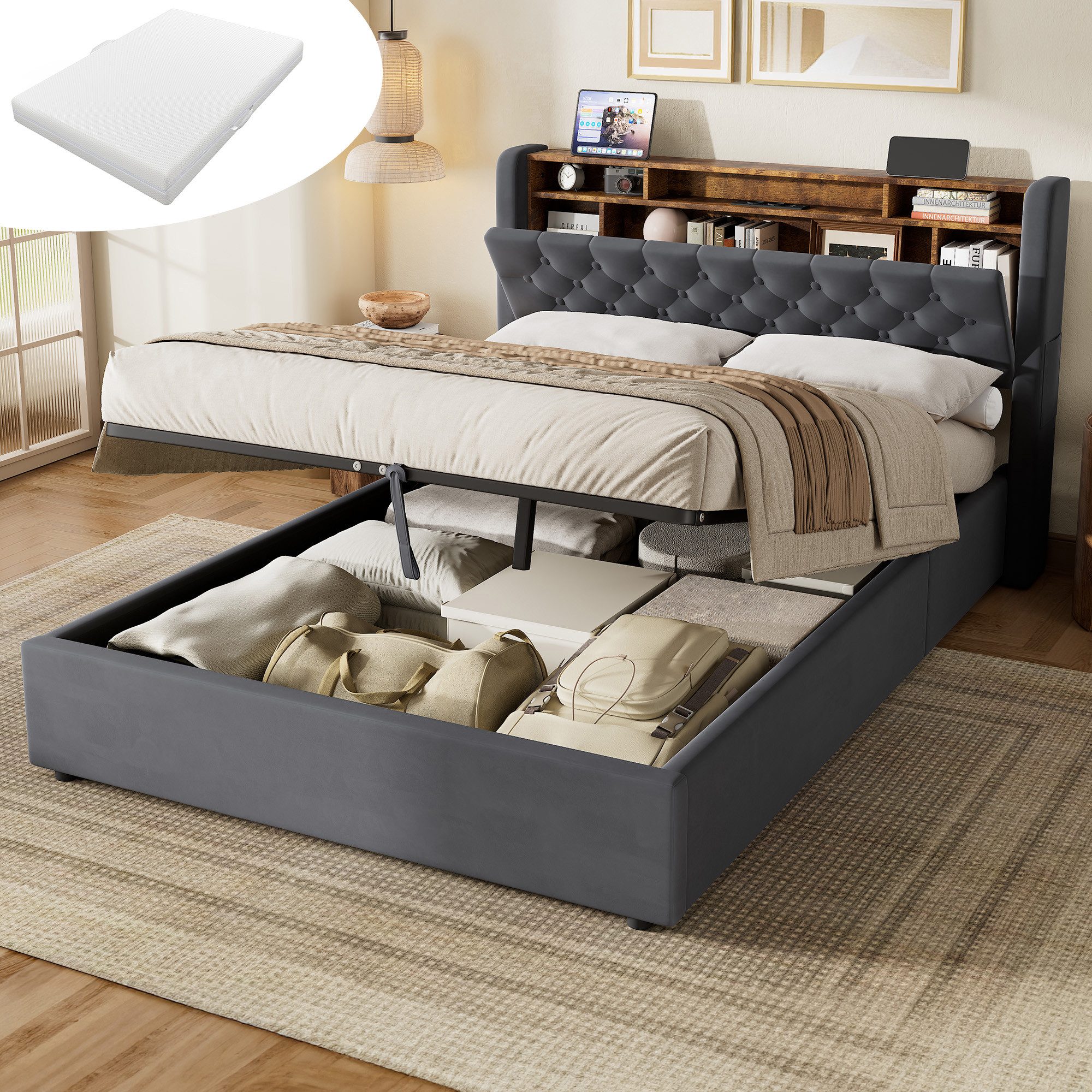HAUSS SPOLE Polsterbett Stauraumbett Boxspringbett Jugendbett mit Bettkasten & Kopfteil (140×200 Doppelbett Kinderbett mit Stauraum und klappbarem Kopfteil), Bettrahmen mit Matratze für den täglichen Komfort