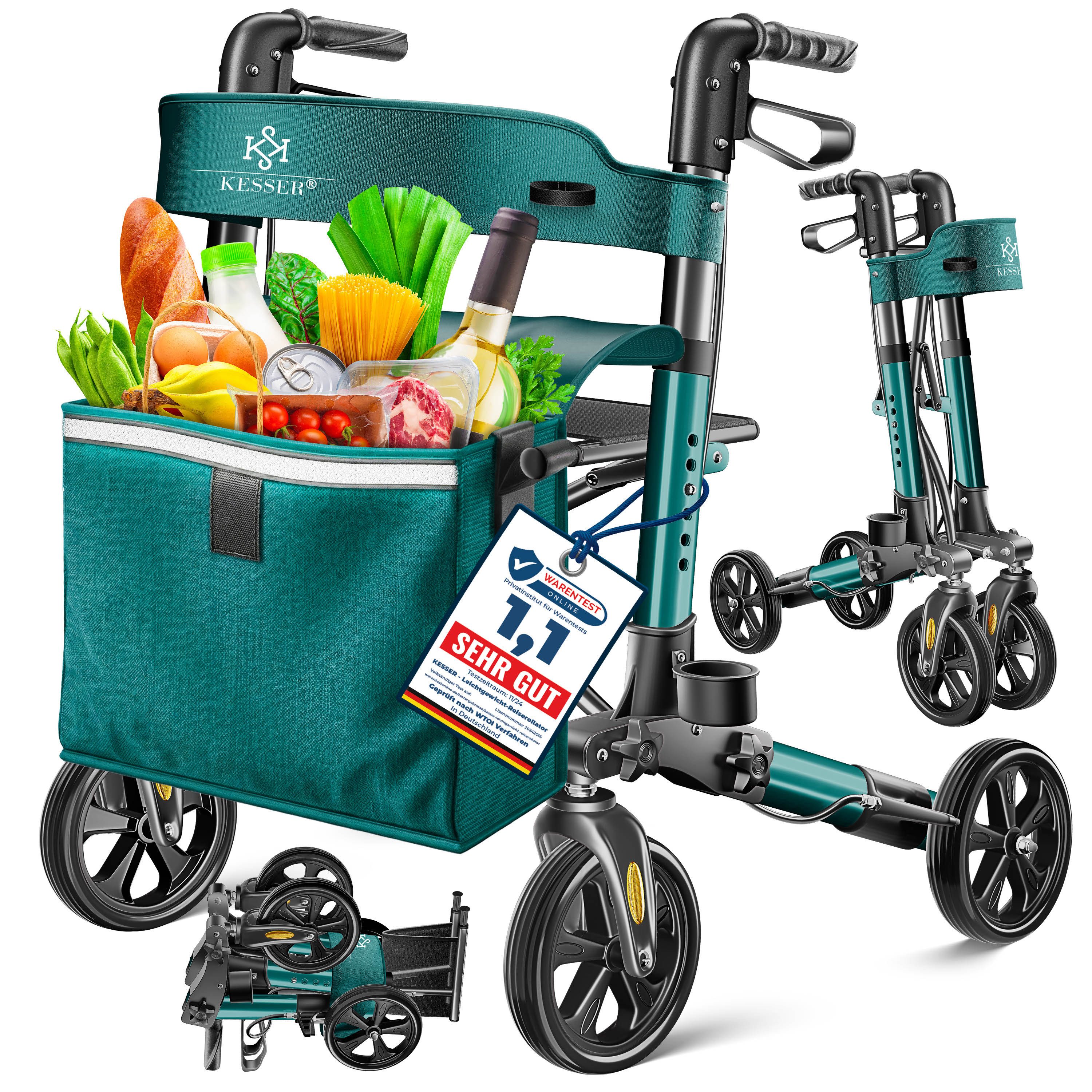 KESSER Rollator Aluminium – faltbar, höhenverstellbar & bis 136 kg belastbar, wetterbeständig, Tasche, Stockhalter, Reflektoren, 360° Gelände Reifen