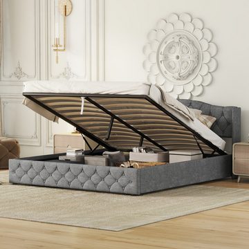 Welikera Polsterbett 180x200cm Multifunktionales Flachbett mit hydraulischer Lagerung, Bett mit Stauraum,Grau/Beige