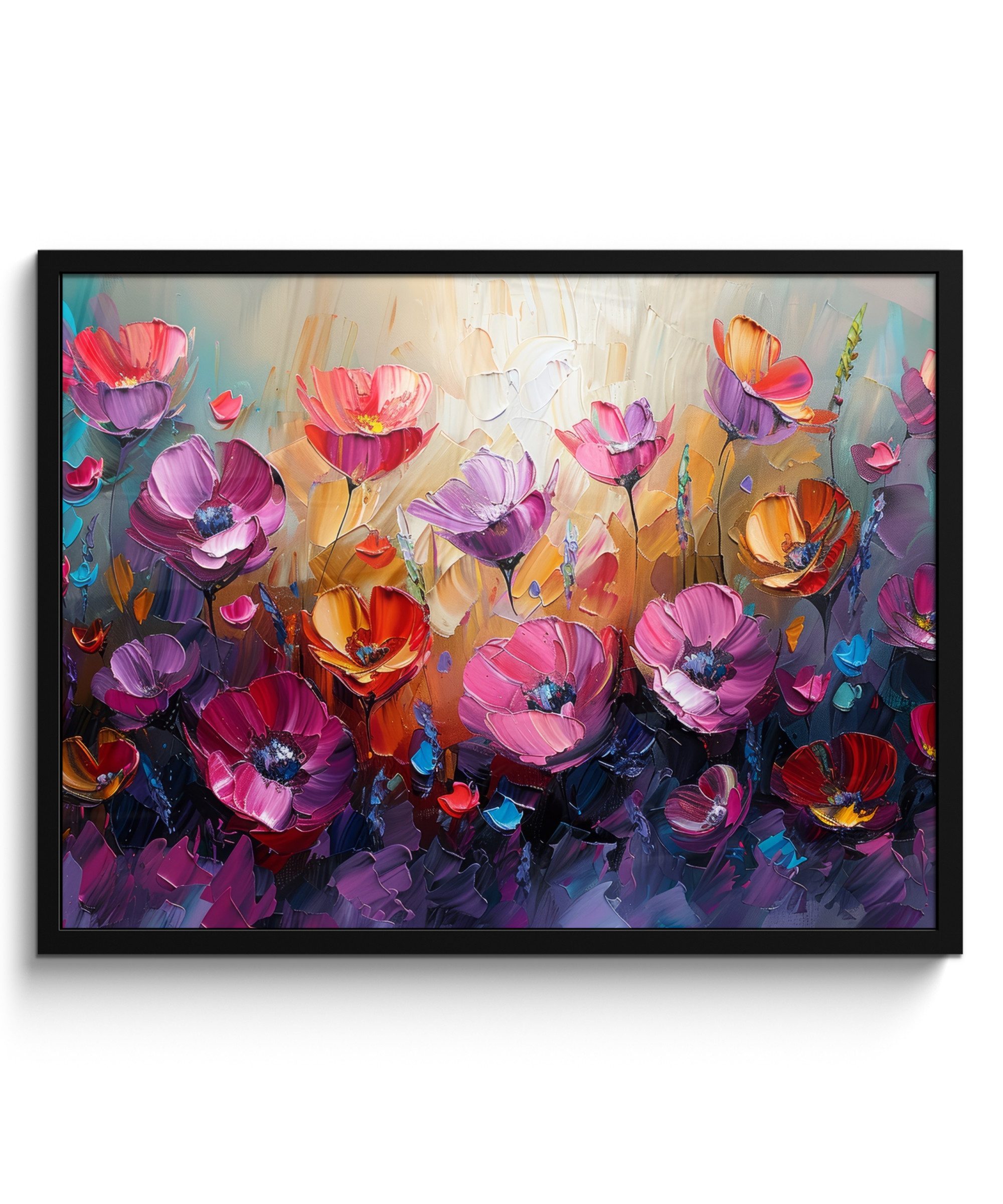 MuchoWow Poster Blumen - Lila - Farbenfroh - Handbemalt - Kunst, (1 St), Bilderrahmen, Poster mit Rahmen, Wandbilder, 70x50 cm