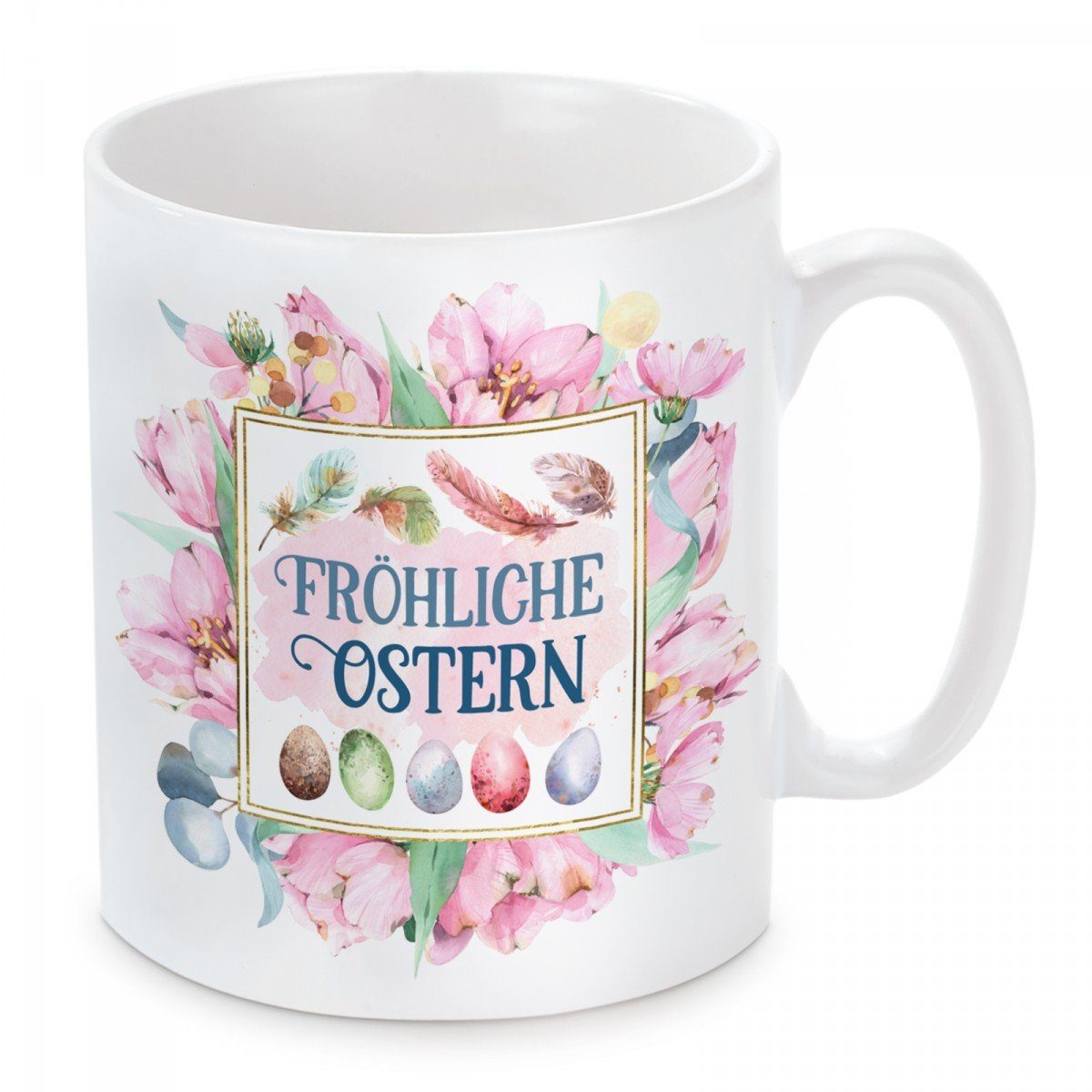 Herzbotschaft Tasse Kaffeebecher mit Motiv Fröhliche Ostern, Keramik, Kaffeetasse spülmaschinenfest und mikrowellengeeignet